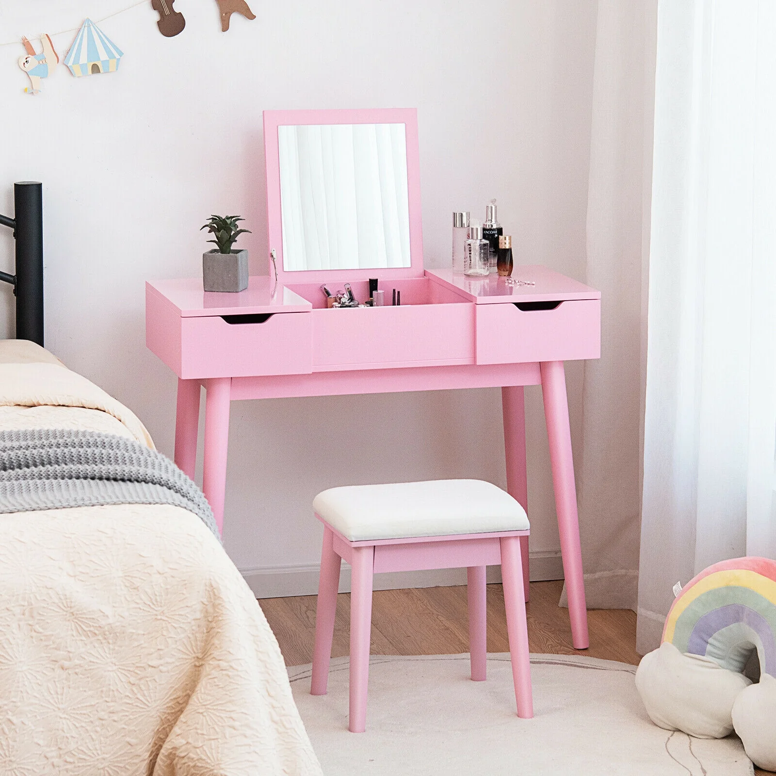 Makeup Vanity Table With Flip Top Mirror, 2 Drawers, Pink - Image 2