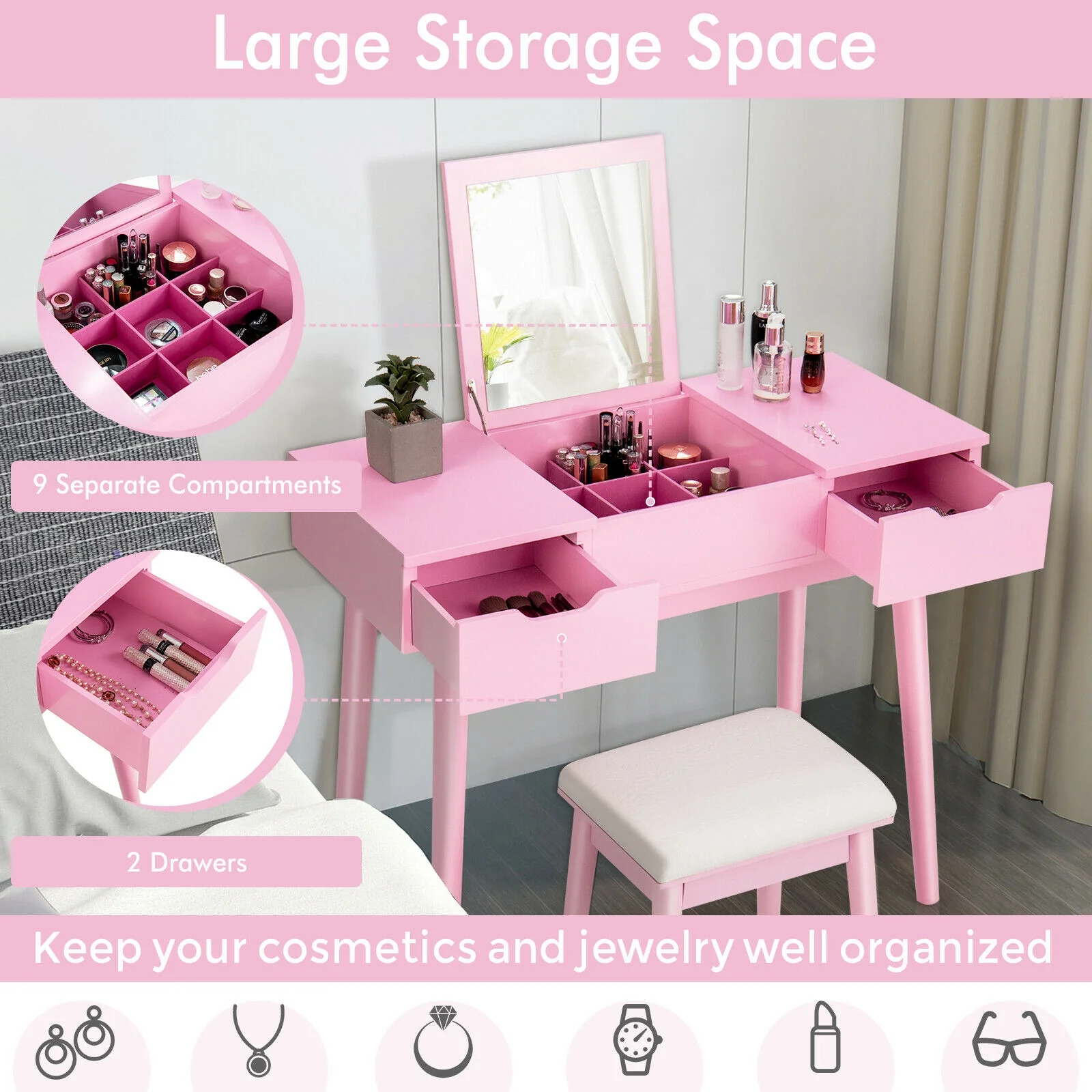 Makeup Vanity Table With Flip Top Mirror, 2 Drawers, Pink - Image 4
