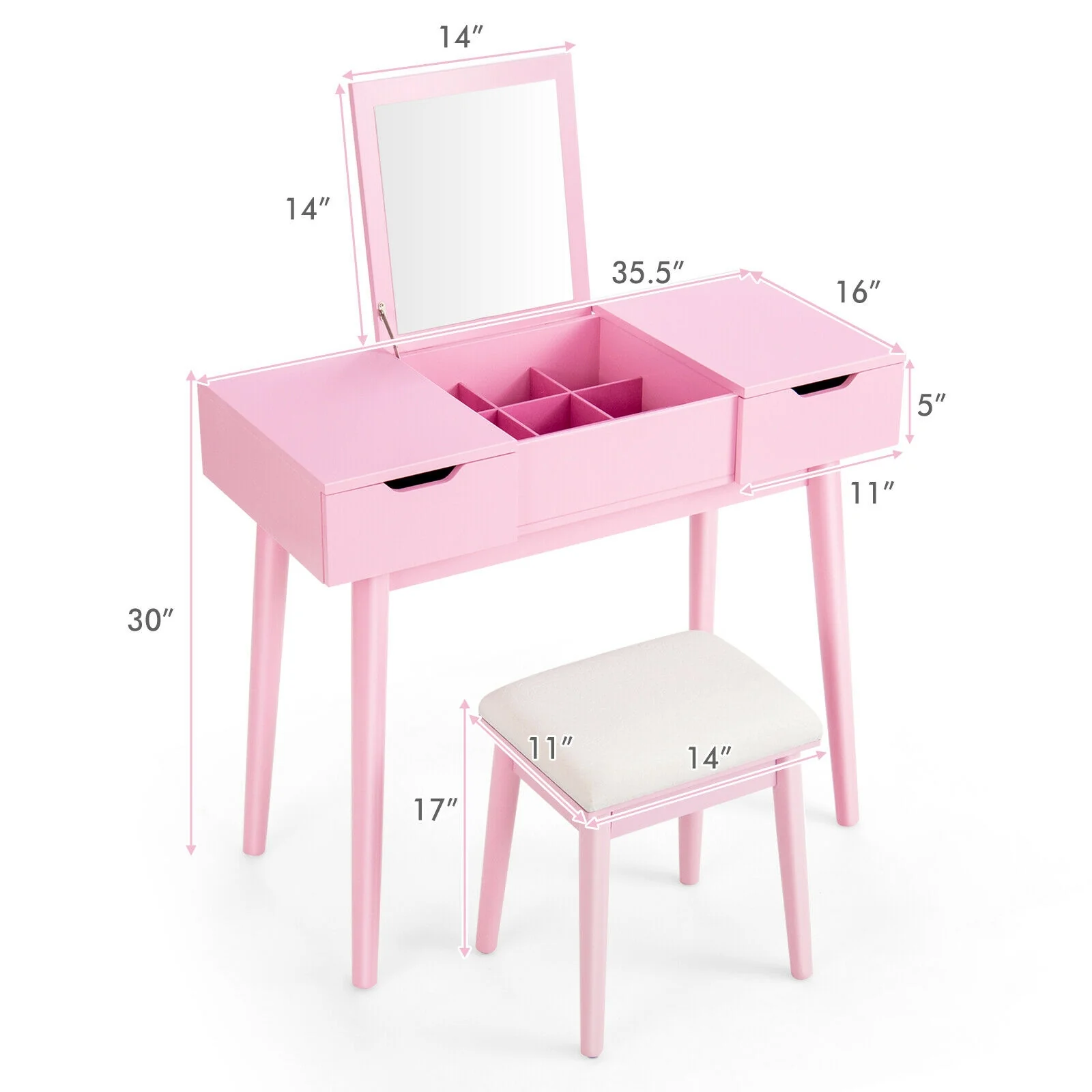 Makeup Vanity Table With Flip Top Mirror, 2 Drawers, Pink - Image 5