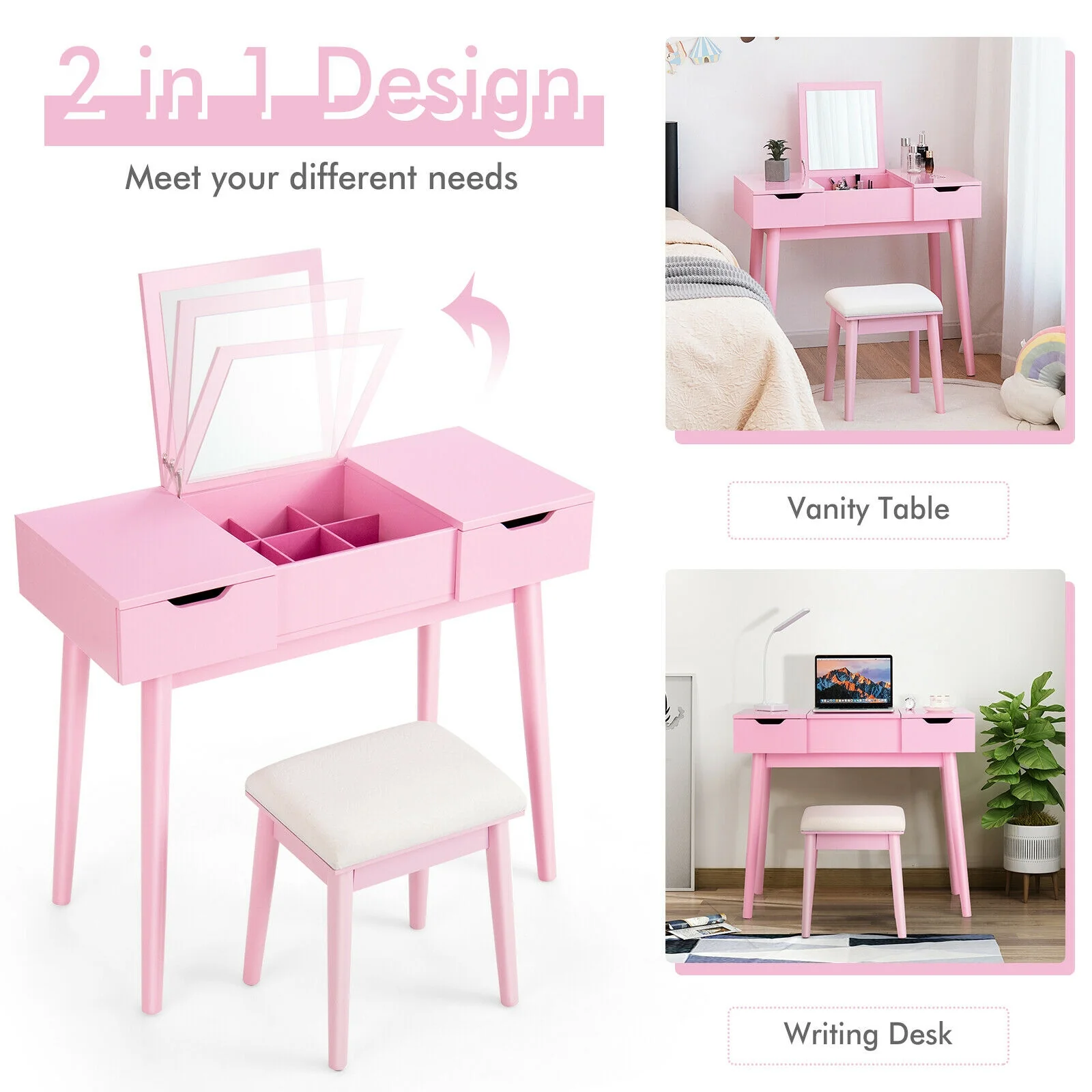 Makeup Vanity Table With Flip Top Mirror, 2 Drawers, Pink - Image 6