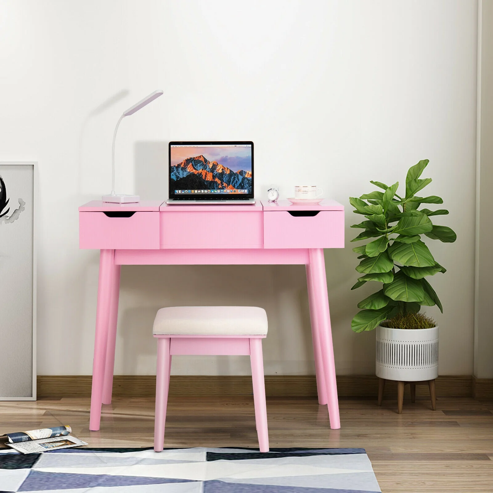 Makeup Vanity Table With Flip Top Mirror, 2 Drawers, Pink - Image 7