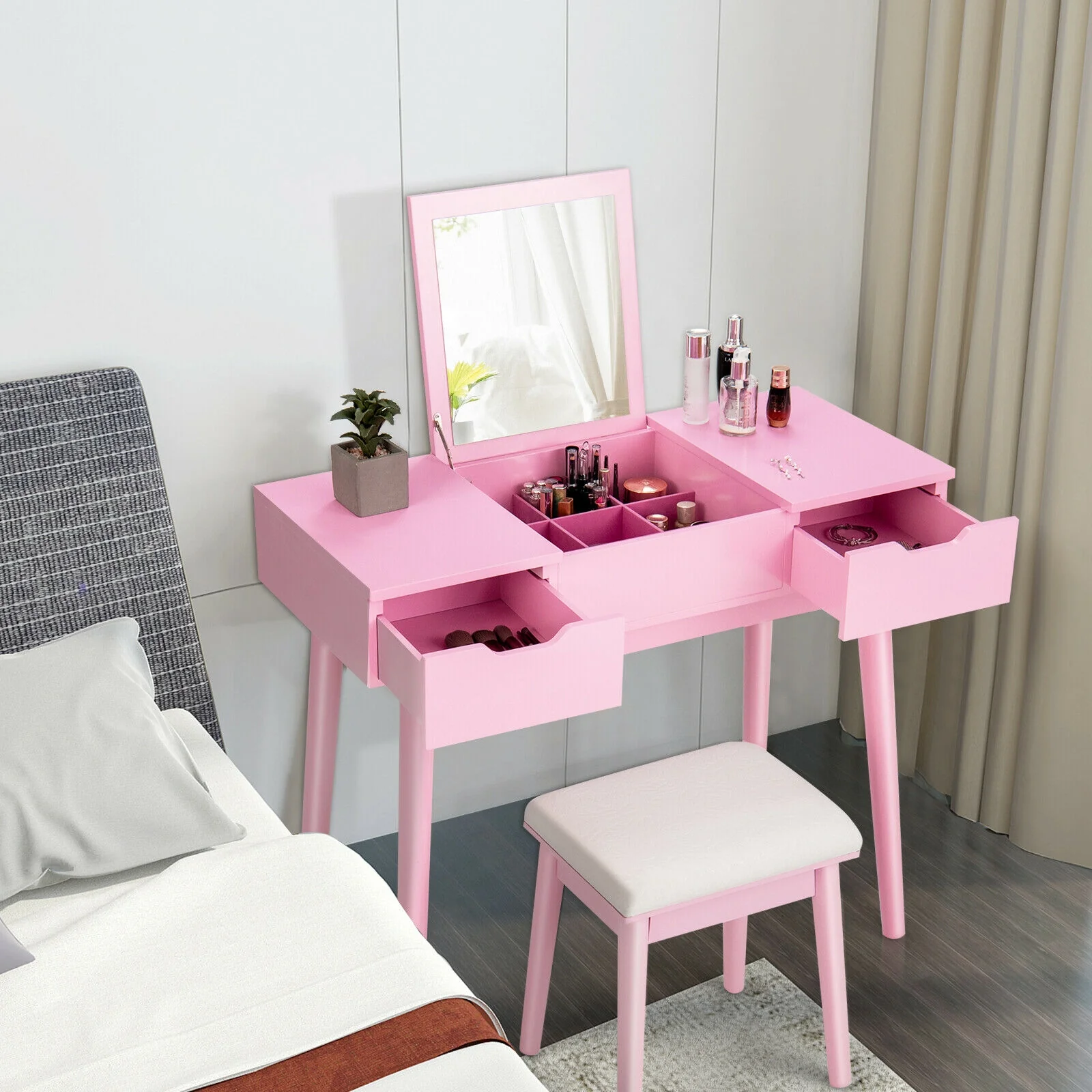 Makeup Vanity Table With Flip Top Mirror, 2 Drawers, Pink - Image 8
