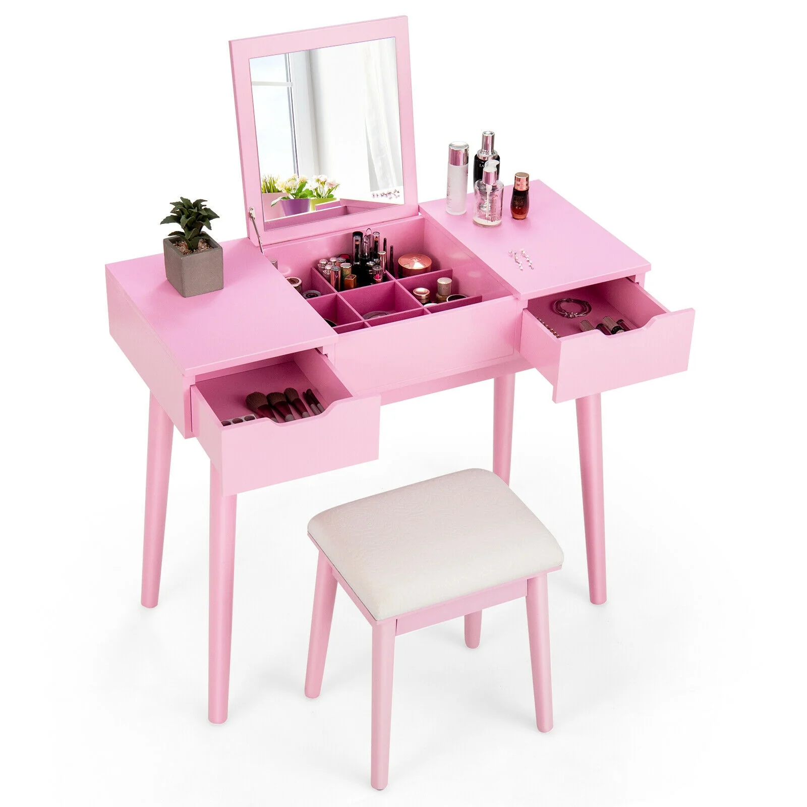 Makeup Vanity Table With Flip Top Mirror, 2 Drawers, Pink - Image 9