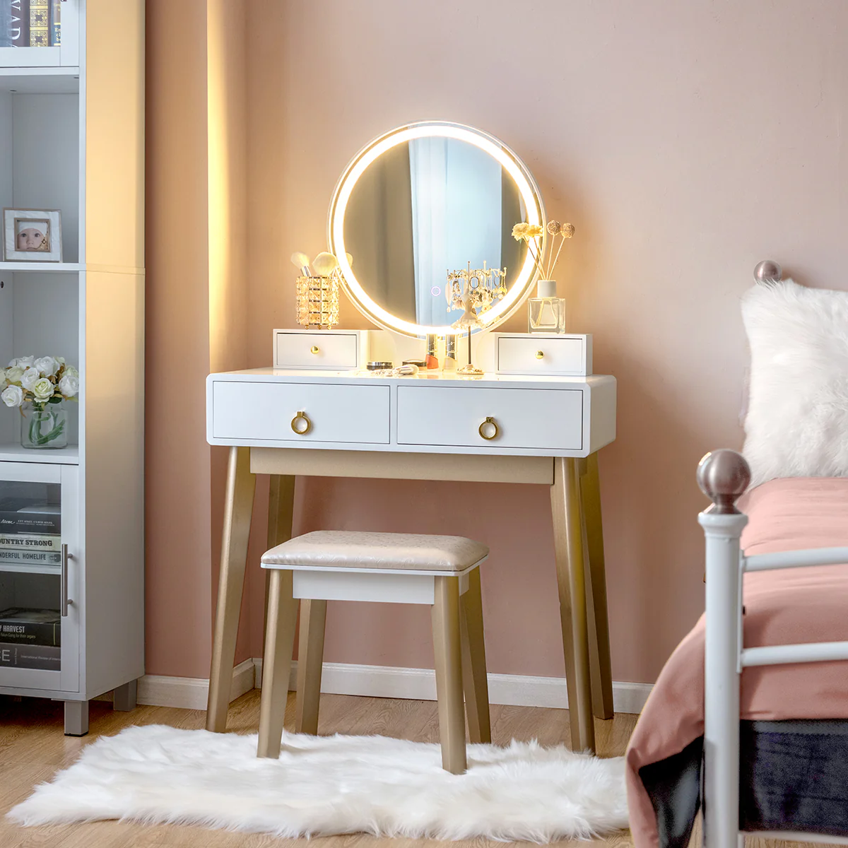 Makeup Vanity Table With Lighting, White - Image 3
