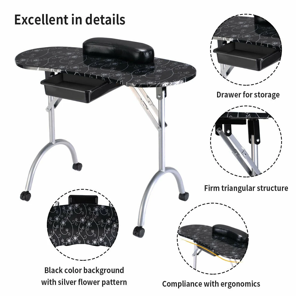 Manicure Nail Table Portable Station Desk Spa Beauty Salon Equipment 2 Color, Black - Image 7