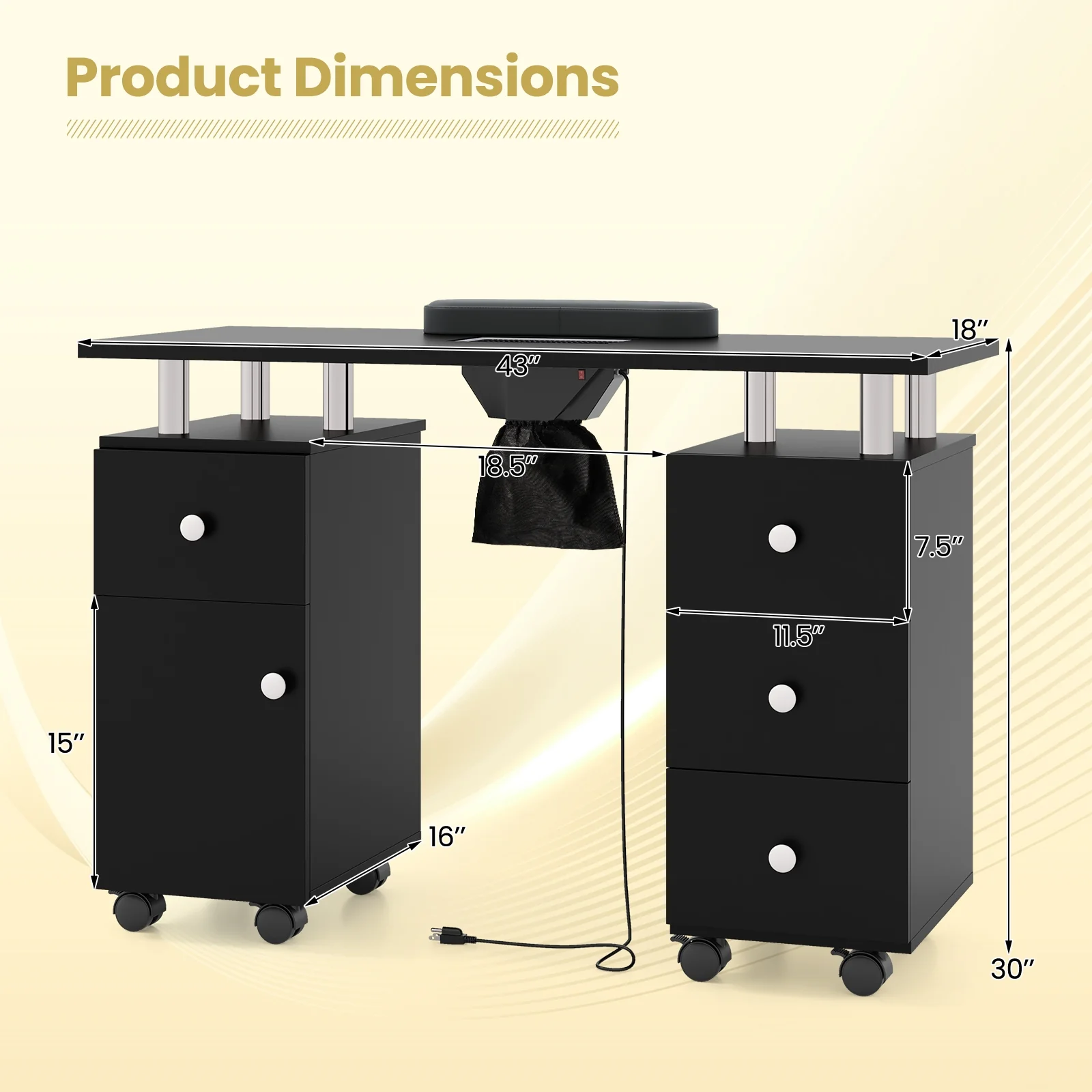 Manicure Table Nail Desk With Electric Dust Collector, Black - Image 6