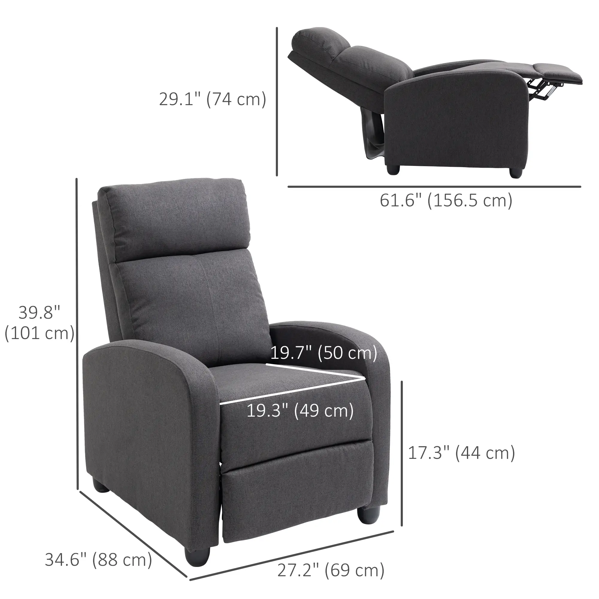 Manual Fabric Recliner Chair, Home Theater Seating, Dark Grey - Image 3
