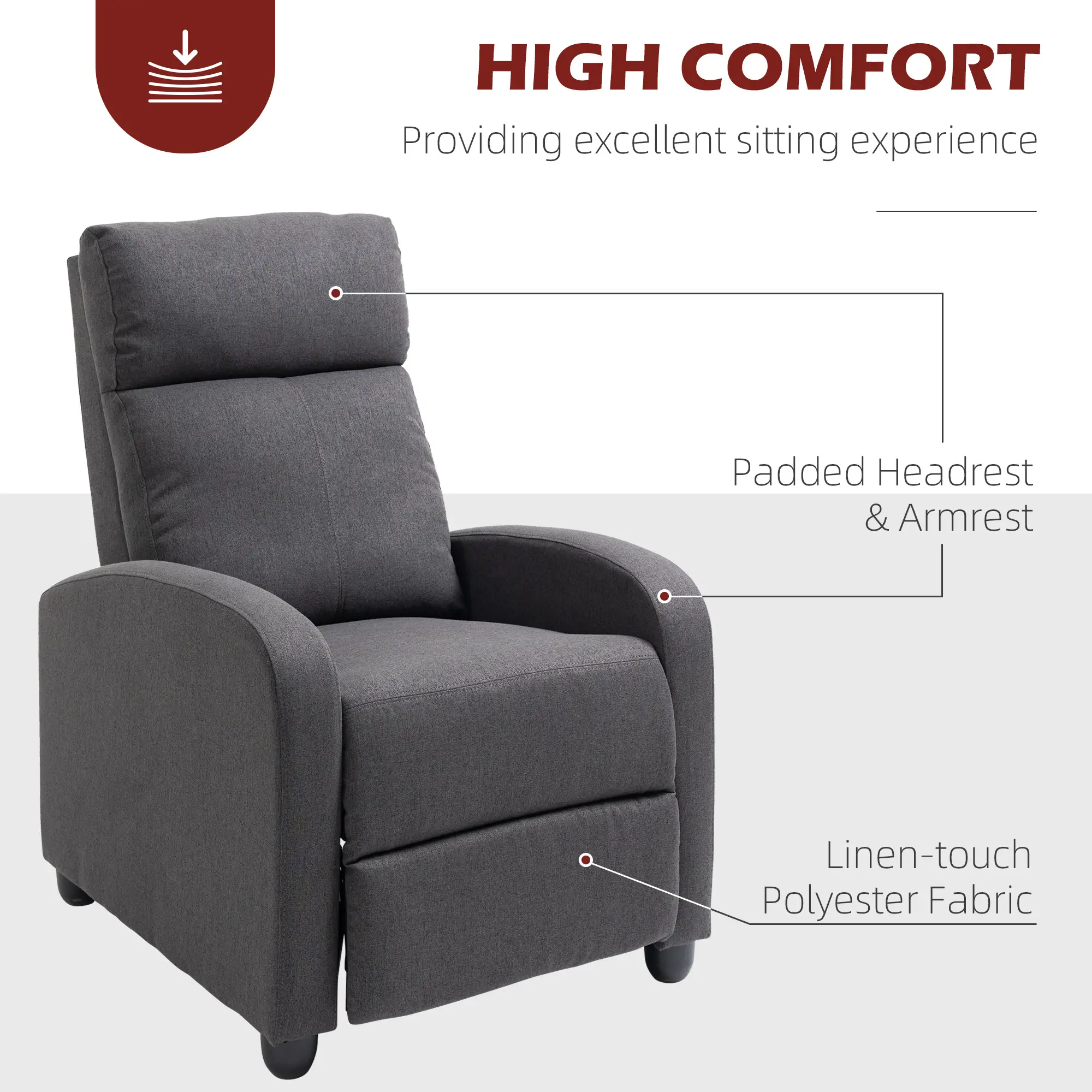 Manual Fabric Recliner Chair, Home Theater Seating, Dark Grey - Image 4