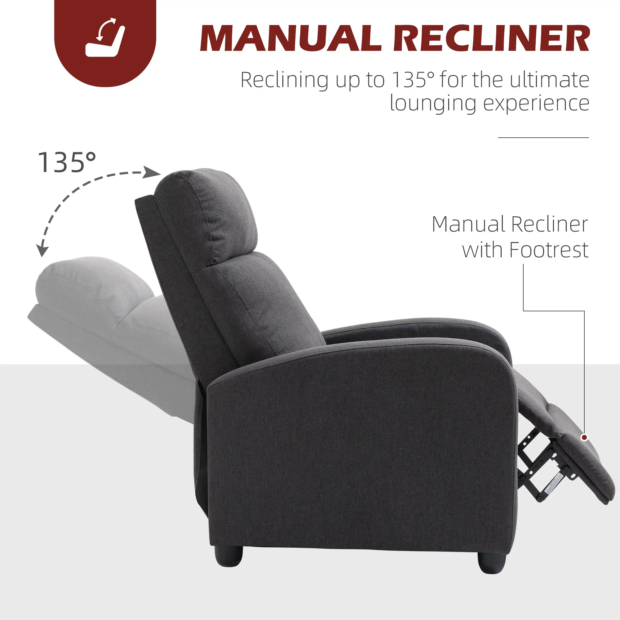 Manual Fabric Recliner Chair, Home Theater Seating, Dark Grey - Image 5