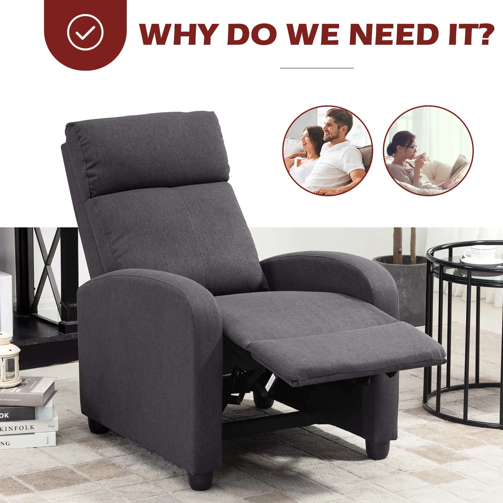 Manual Fabric Recliner Chair, Home Theater Seating, Dark Grey - Image 6