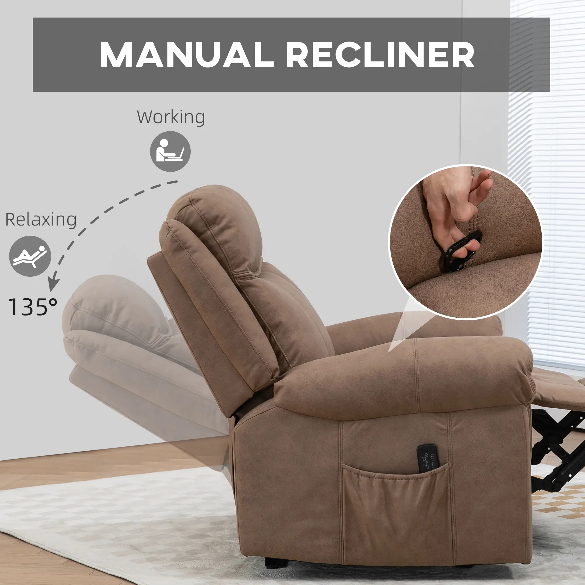 Manual Recliner Chair, Vibration Massage, Side Pockets, Microfibre, Brown - Image 5