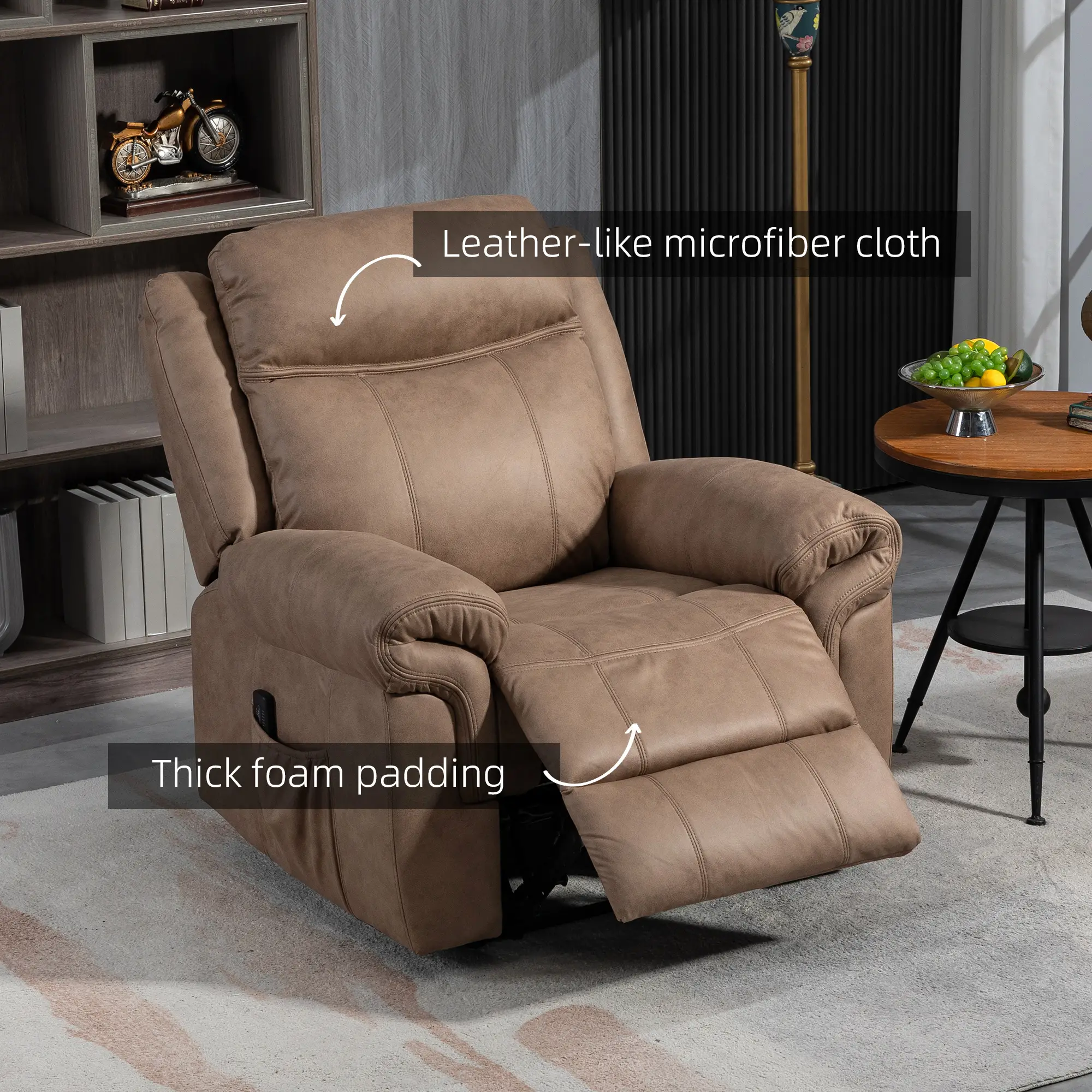 Manual Recliner Chair, Vibration Massage, Side Pockets, Microfibre, Brown - Image 6