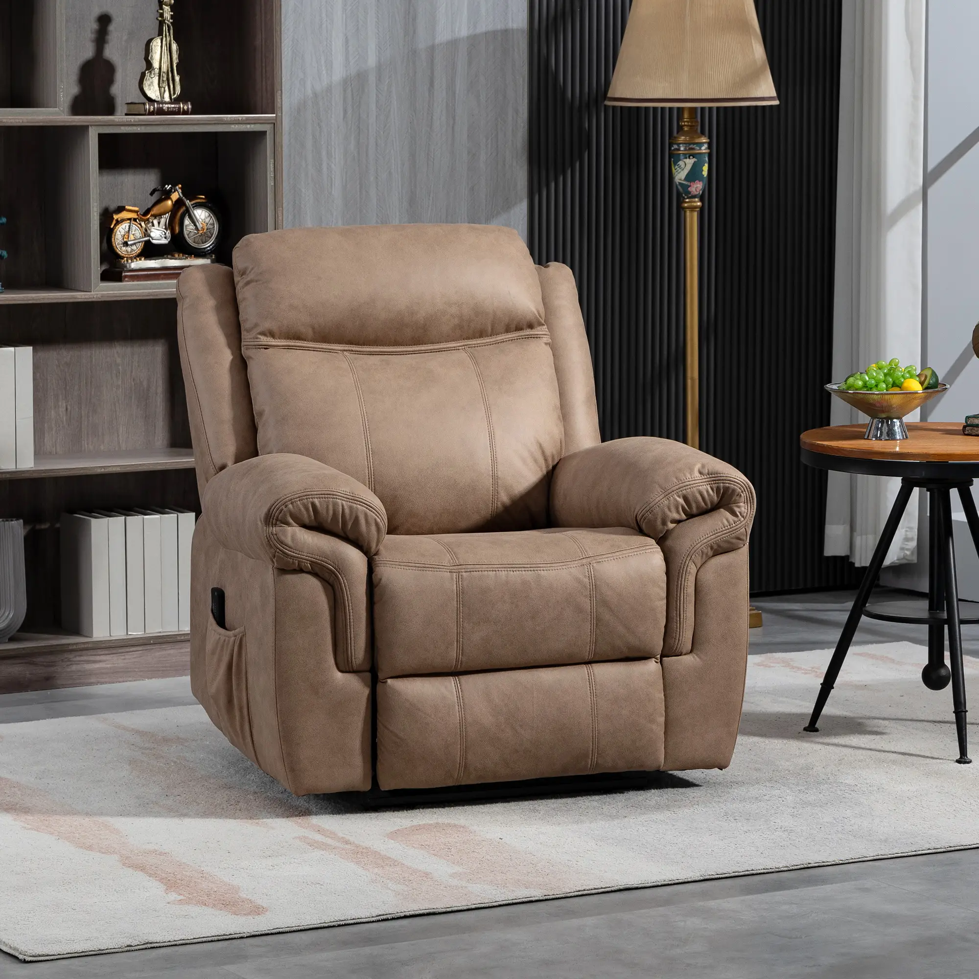 Manual Recliner Chair, Vibration Massage, Side Pockets, Microfibre, Brown - Image 8