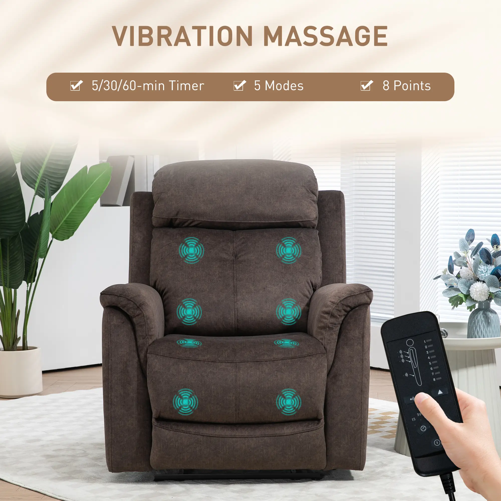 Manual Recliner Chair with Vibration Massage, Reclining Chair for Living Room with Side Pockets, Brown - Image 4