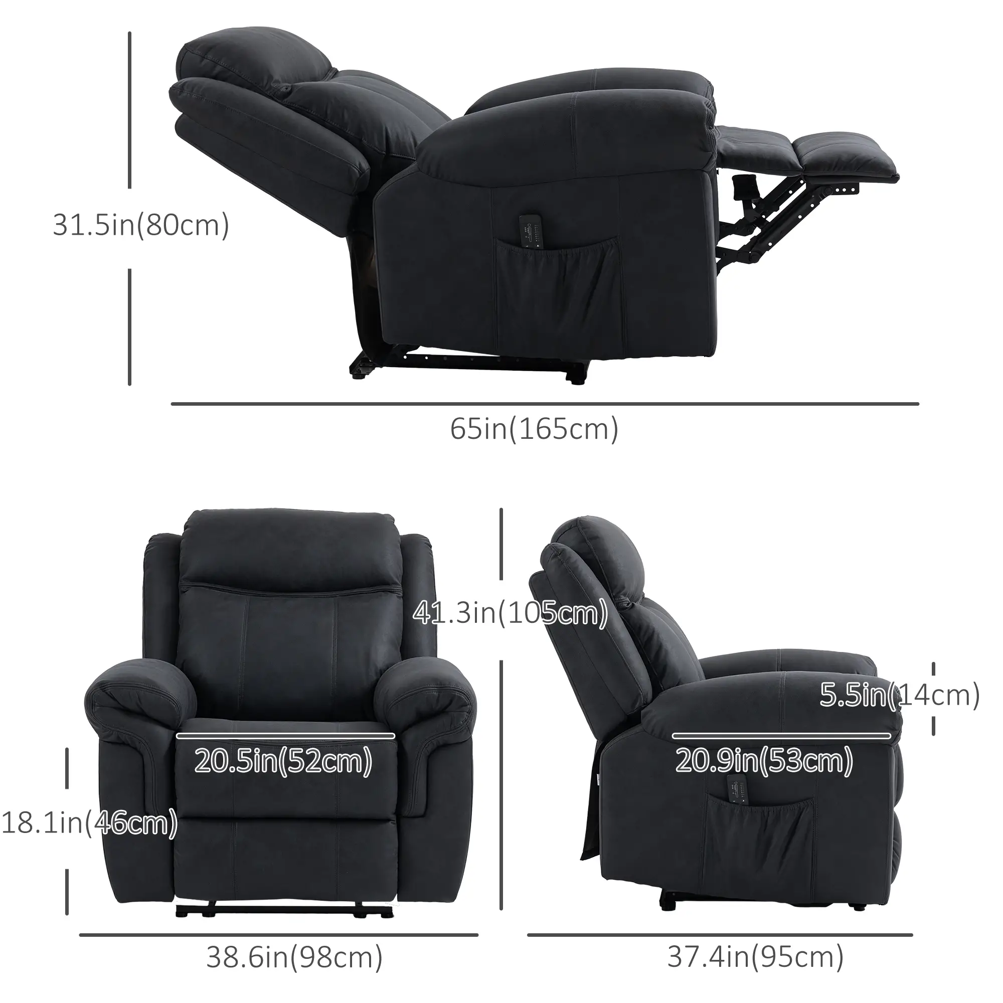 Manual Recliner Chair with Vibration Massage, Side Pockets, Microfibre Reclining Chair for Living Room, Black - Image 3