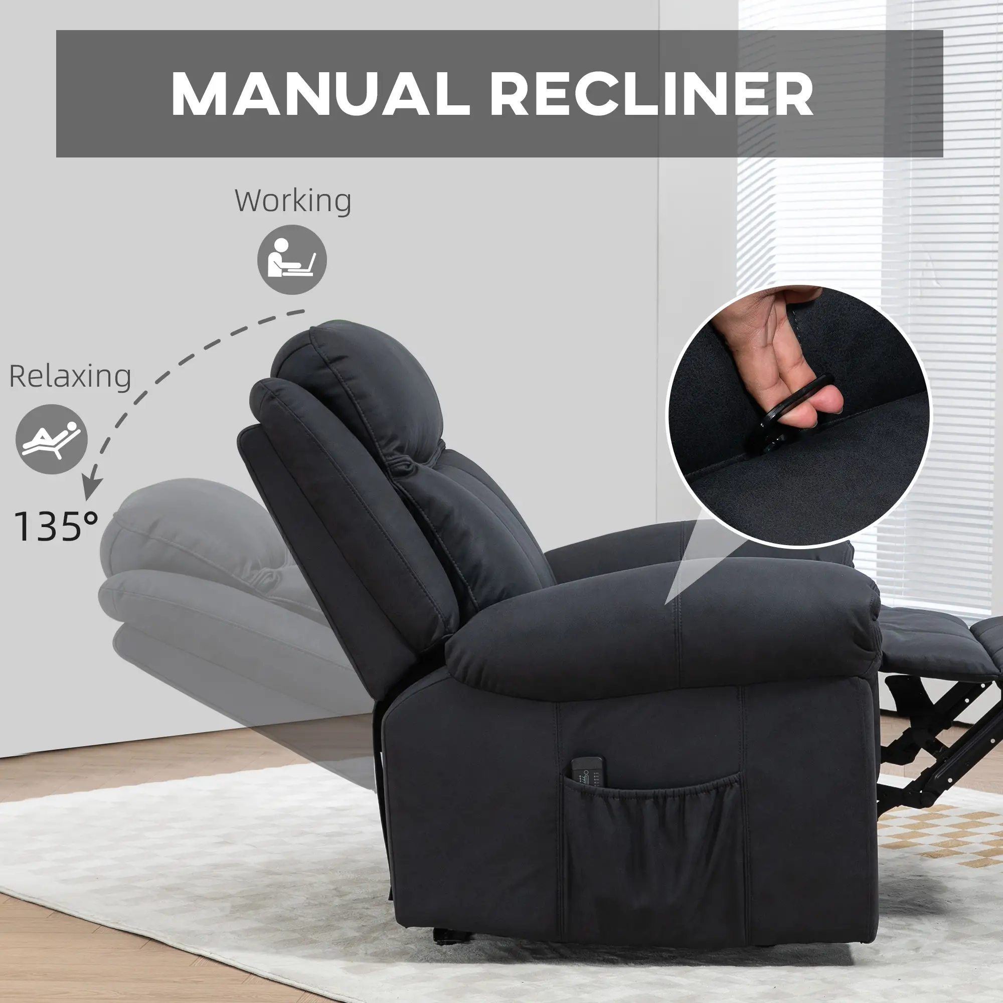 Manual Recliner Chair with Vibration Massage, Side Pockets, Microfibre Reclining Chair for Living Room, Black - Image 5