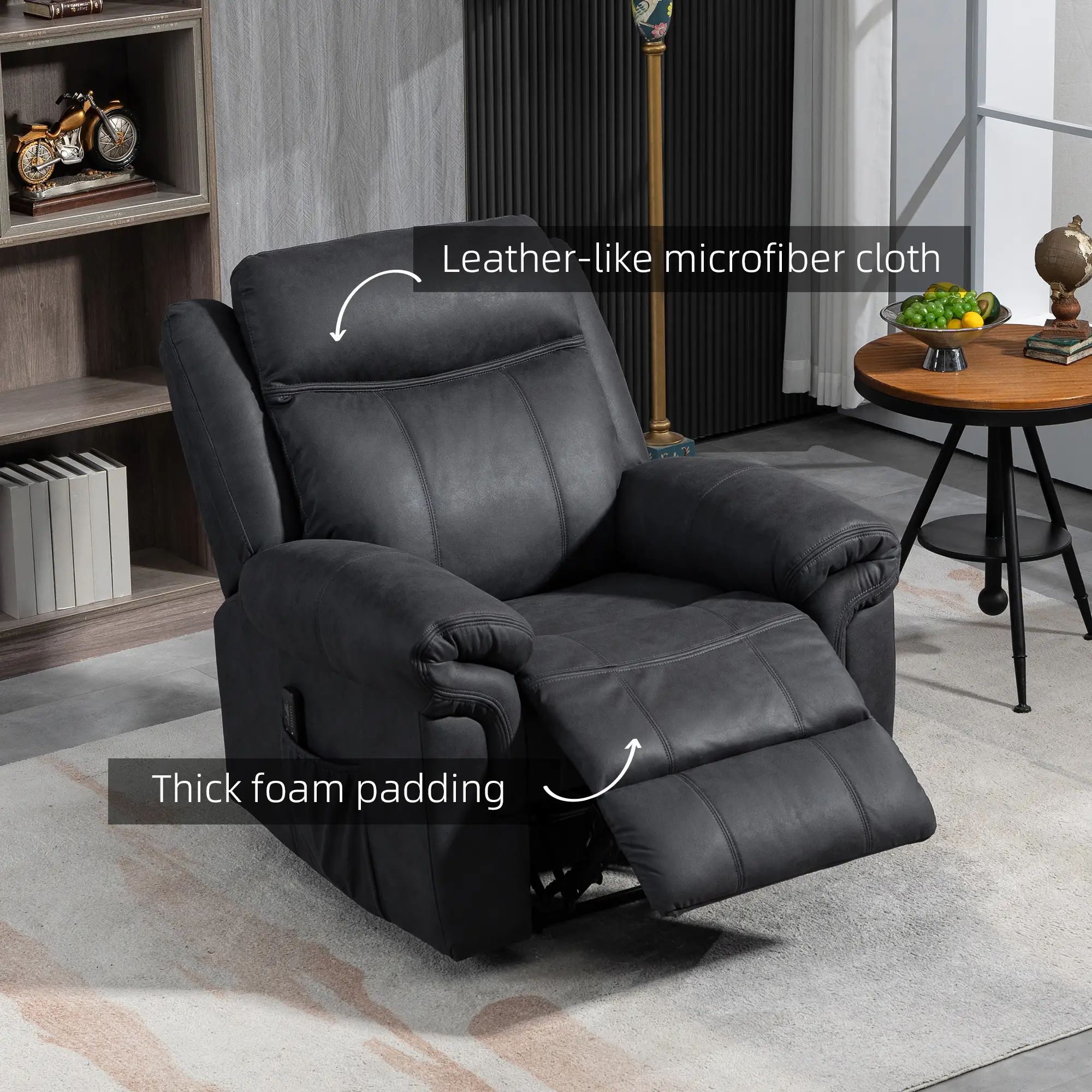 Manual Recliner Chair with Vibration Massage, Side Pockets, Microfibre Reclining Chair for Living Room, Black - Image 6