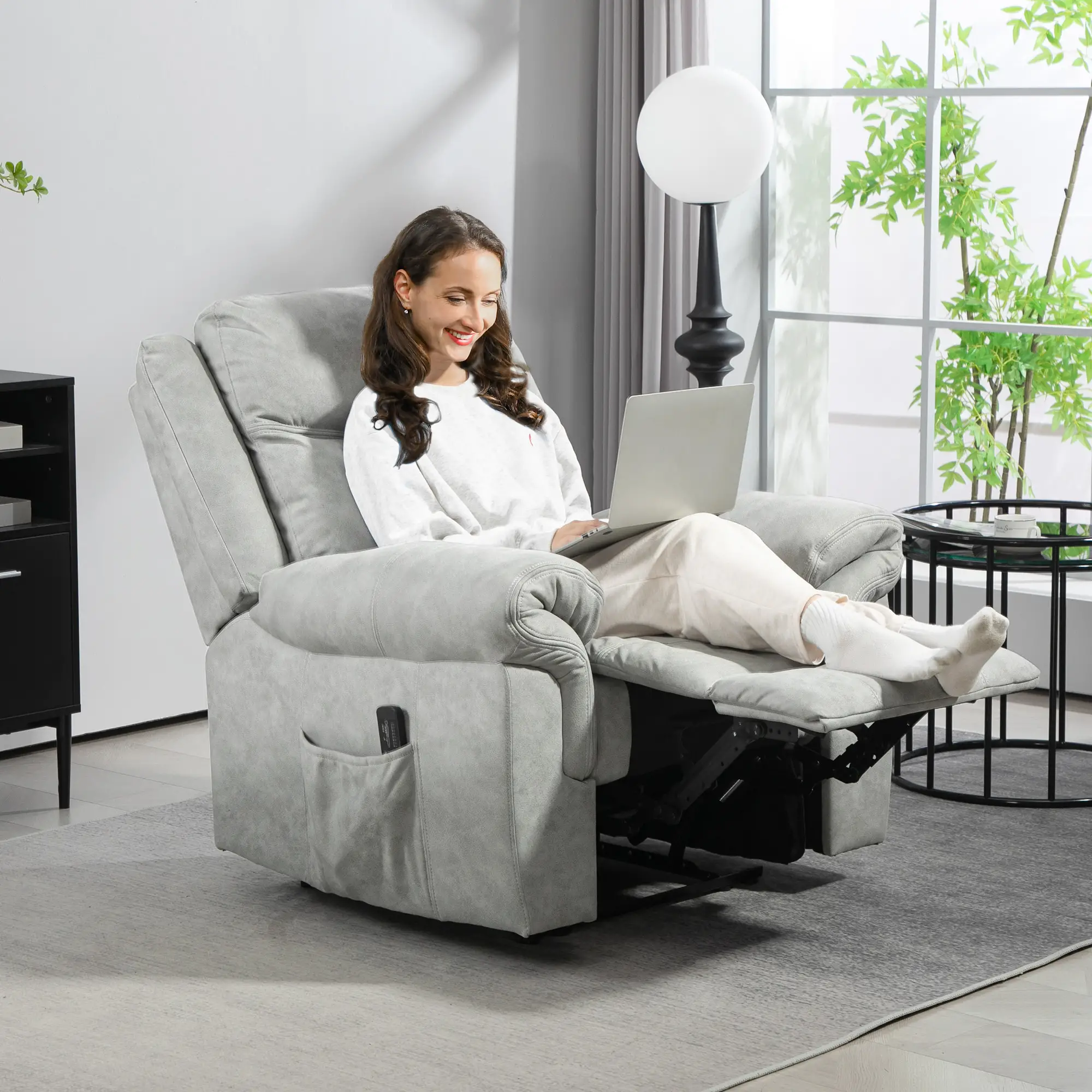 Manual Recliner Chair with Vibration Massage, Side Pockets, Microfibre Reclining Chair for Living Room, Grey - Image 2