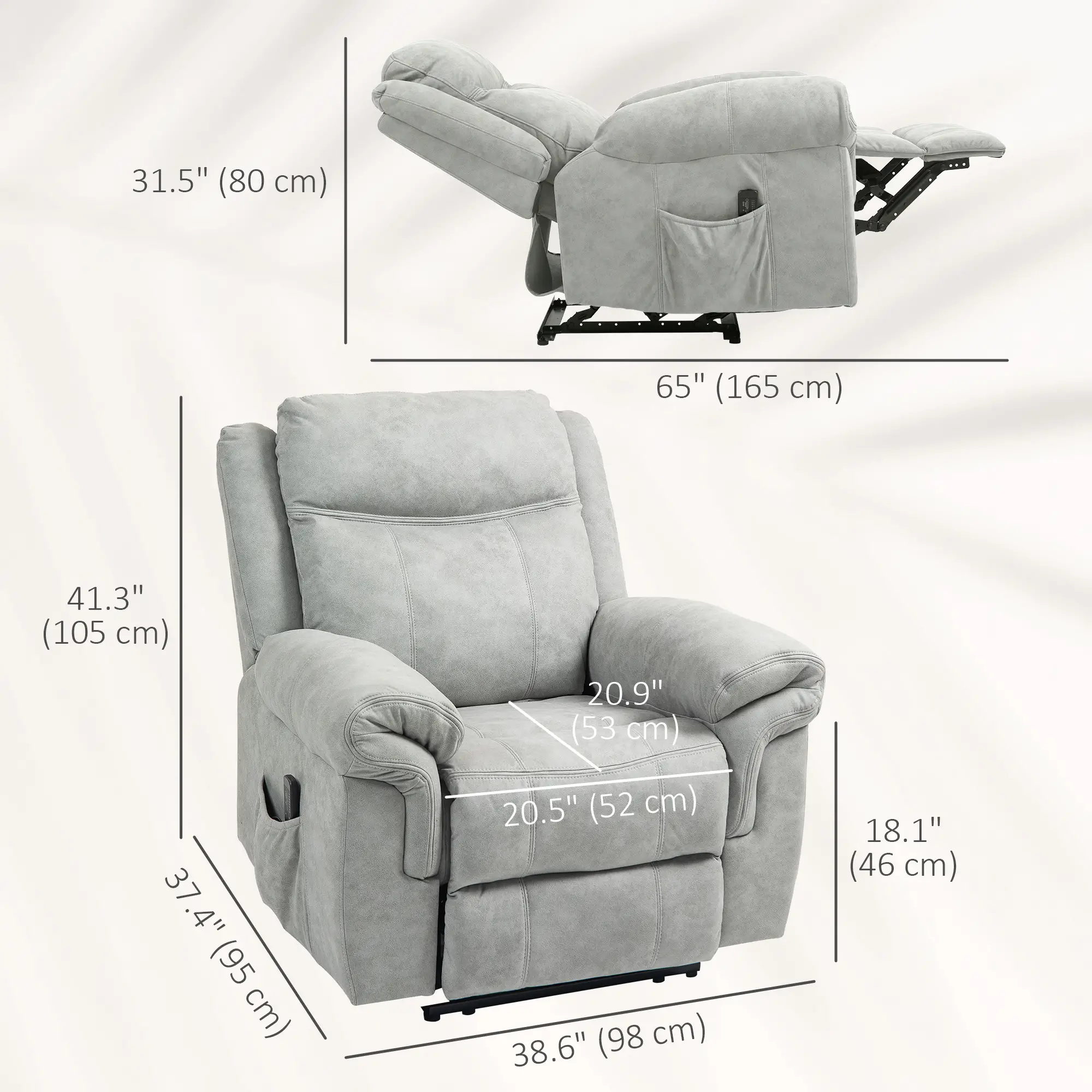 Manual Recliner Chair with Vibration Massage, Side Pockets, Microfibre Reclining Chair for Living Room, Grey - Image 3