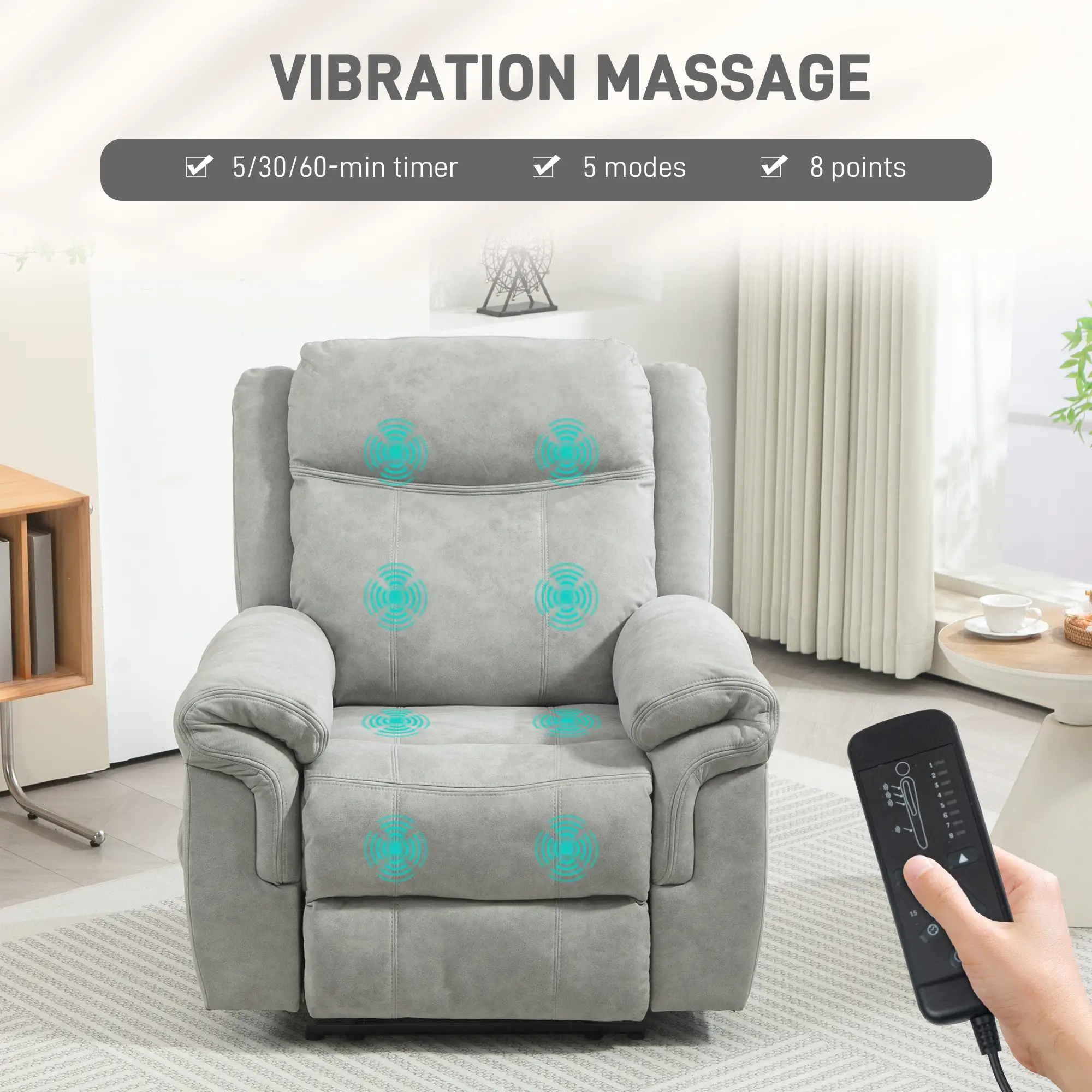 Manual Recliner Chair with Vibration Massage, Side Pockets, Microfibre Reclining Chair for Living Room, Grey - Image 4