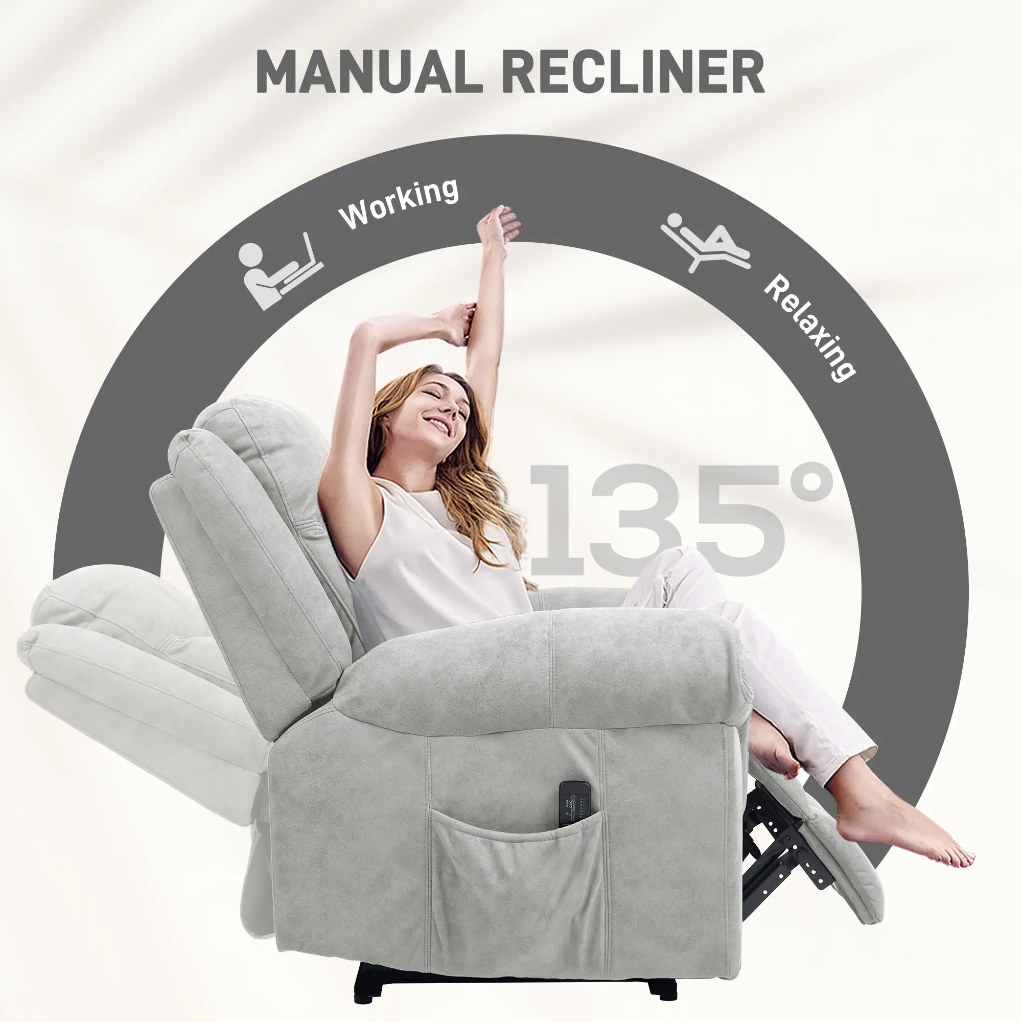 Manual Recliner Chair with Vibration Massage, Side Pockets, Microfibre Reclining Chair for Living Room, Grey - Image 5