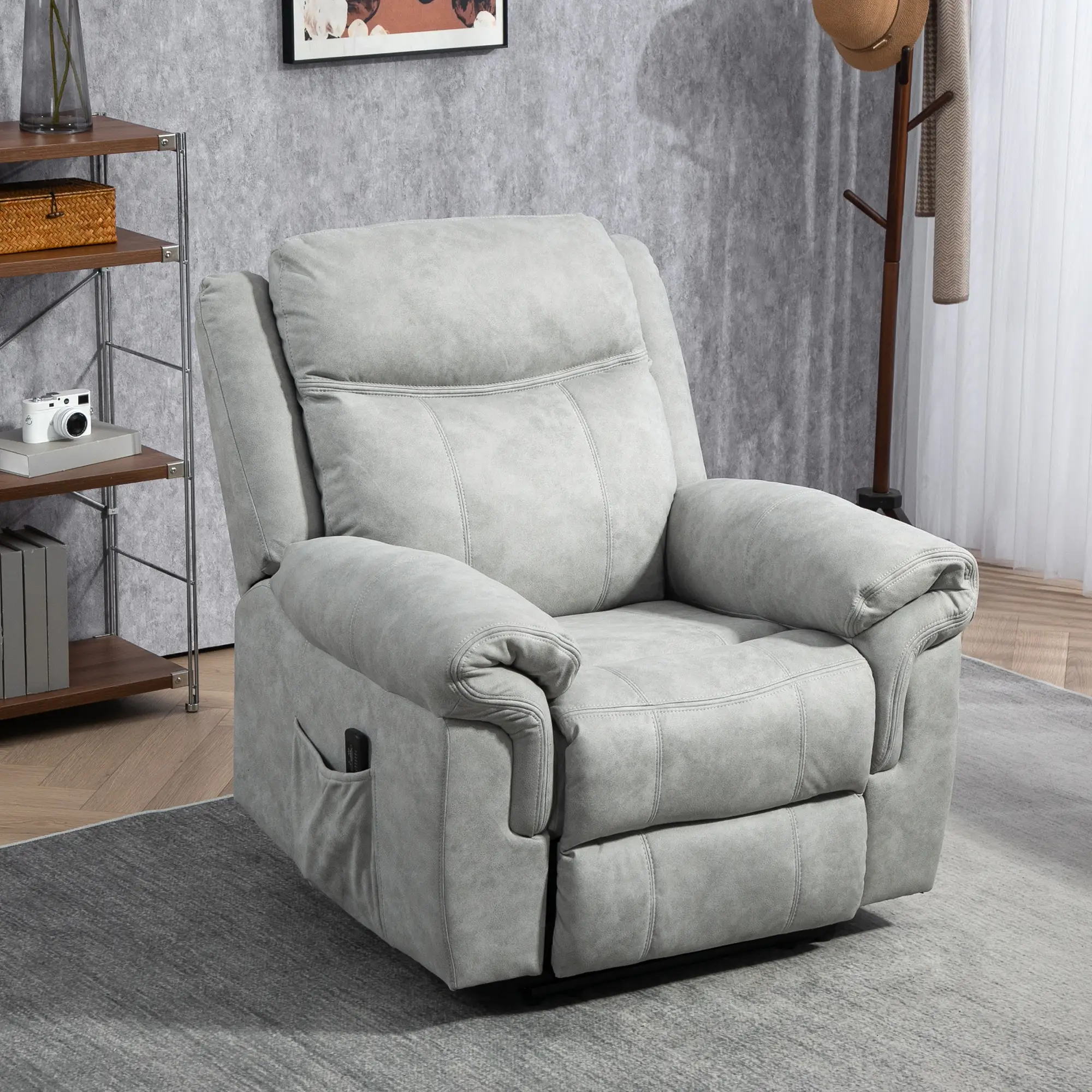 Manual Recliner Chair with Vibration Massage, Side Pockets, Microfibre Reclining Chair for Living Room, Grey - Image 8