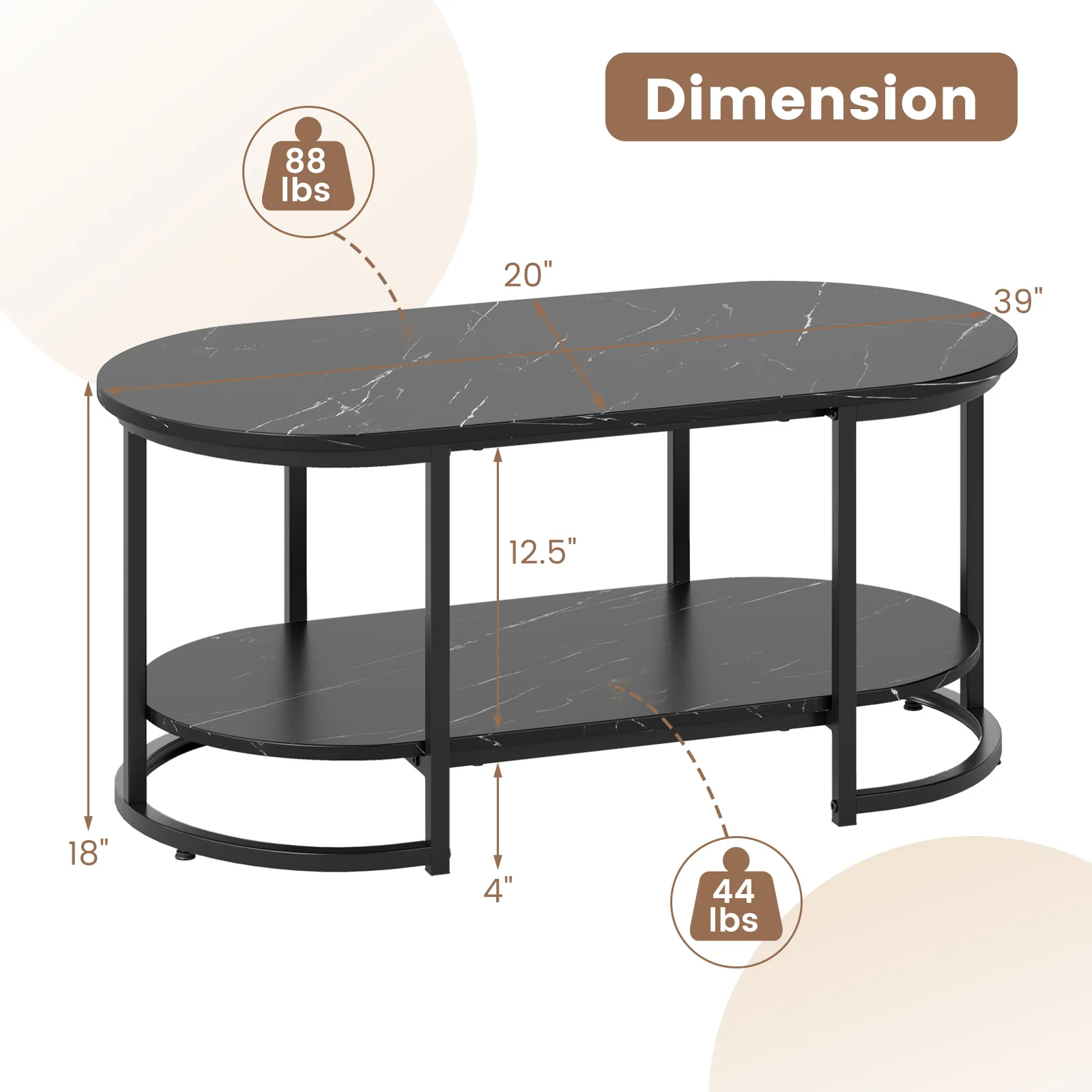 Marble Coffee Table with Open Storage Shelf, Black - Image 10