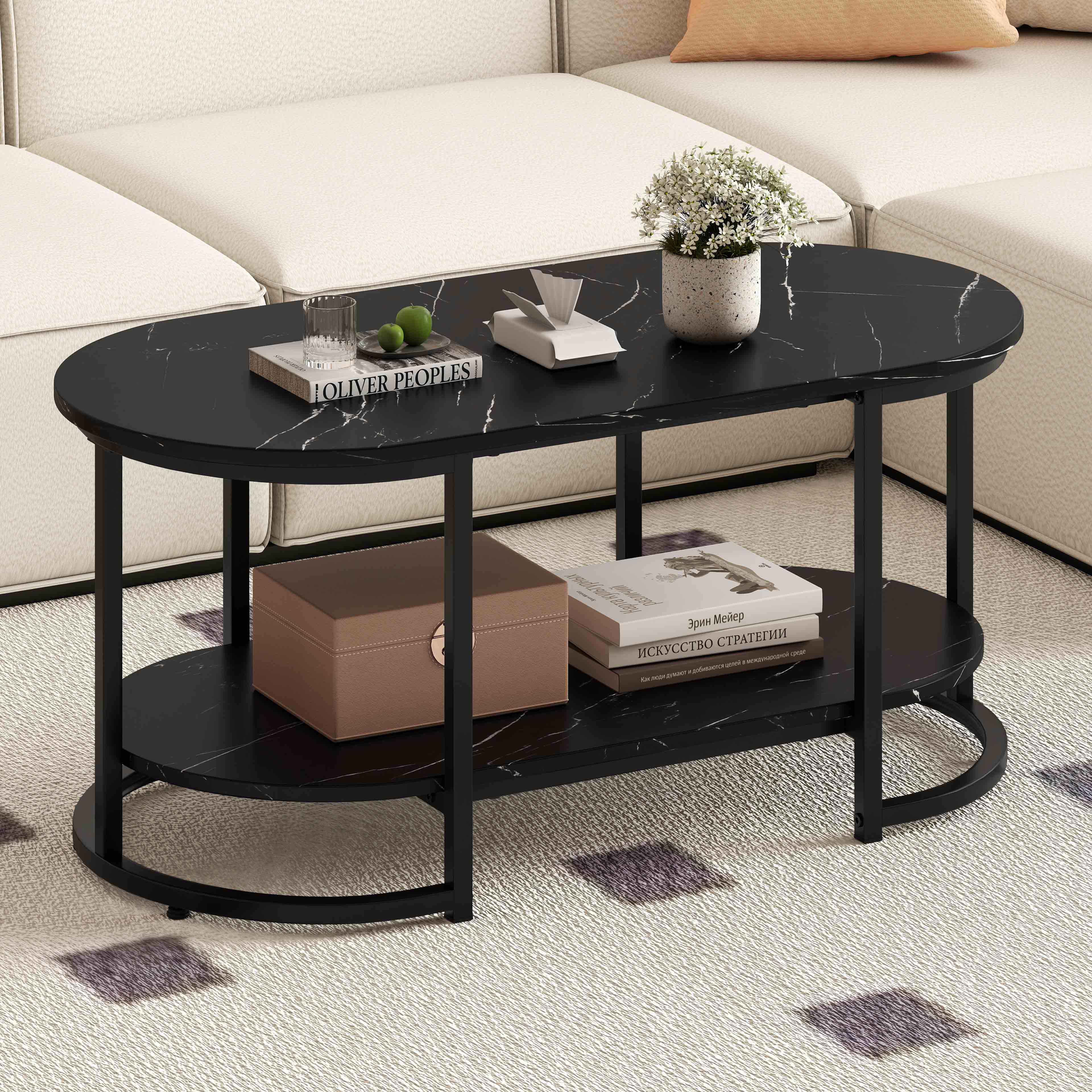 Marble Coffee Table with Open Storage Shelf, Black - Image 2