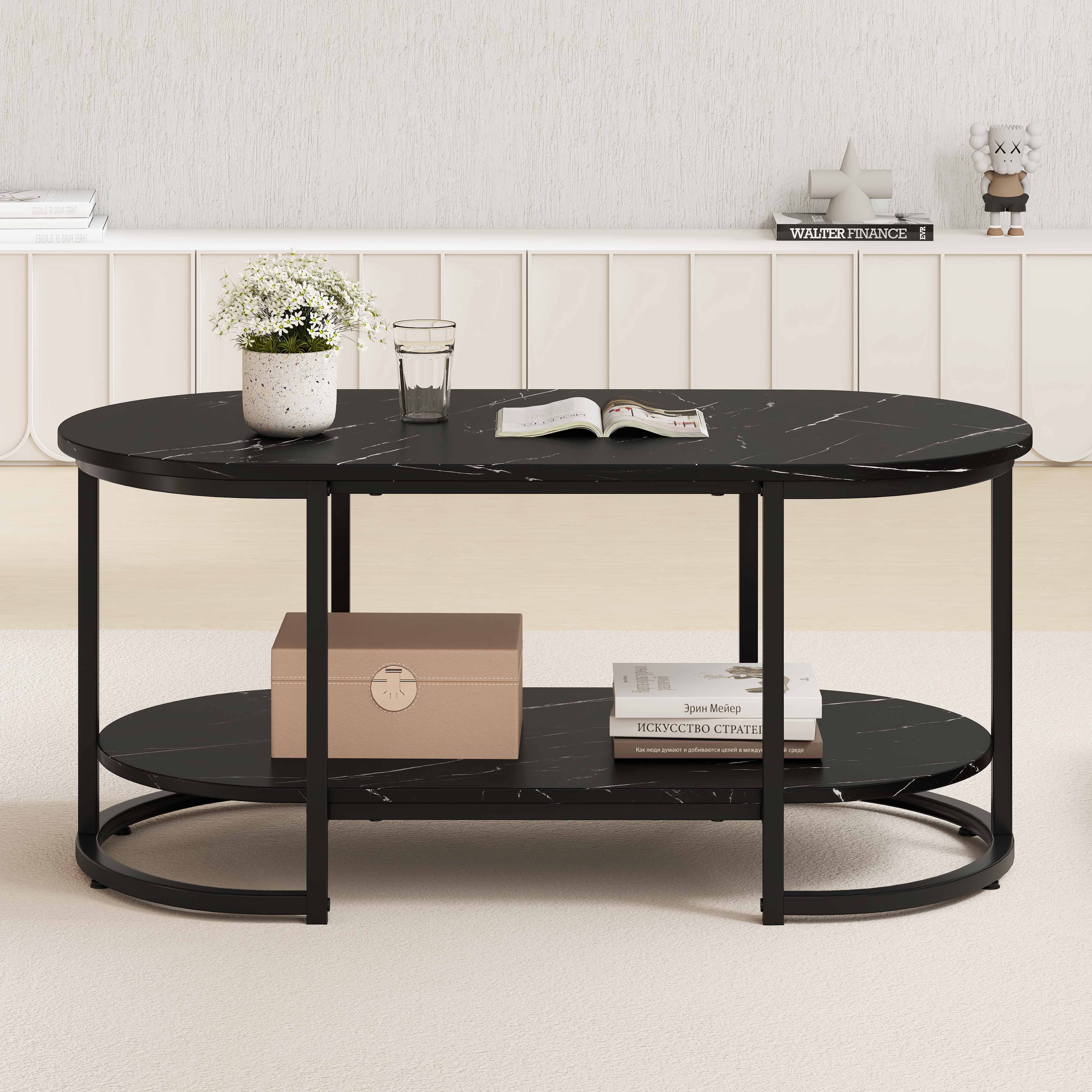 Marble Coffee Table with Open Storage Shelf, Black - Image 4