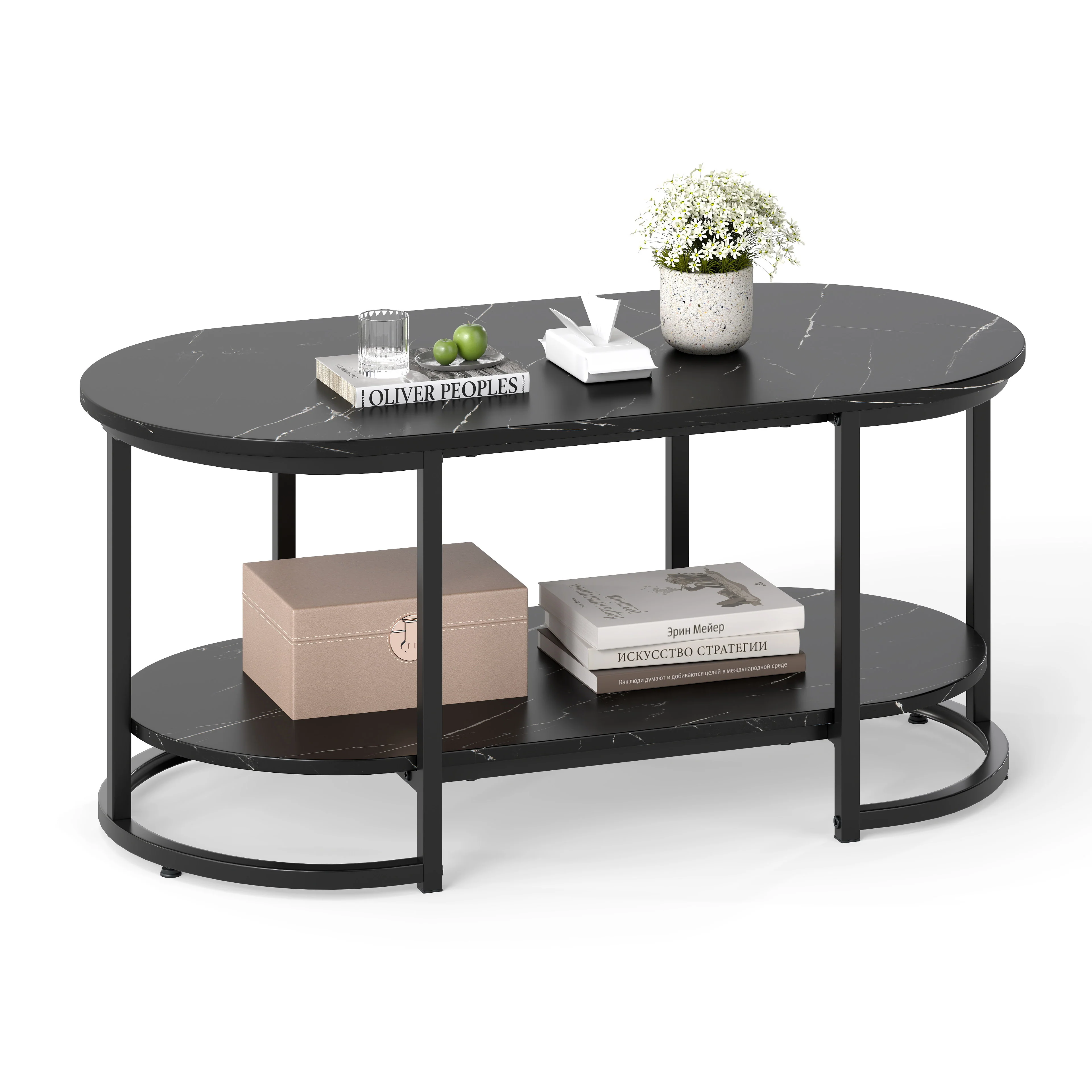 Marble Coffee Table with Open Storage Shelf, Black - Image 7