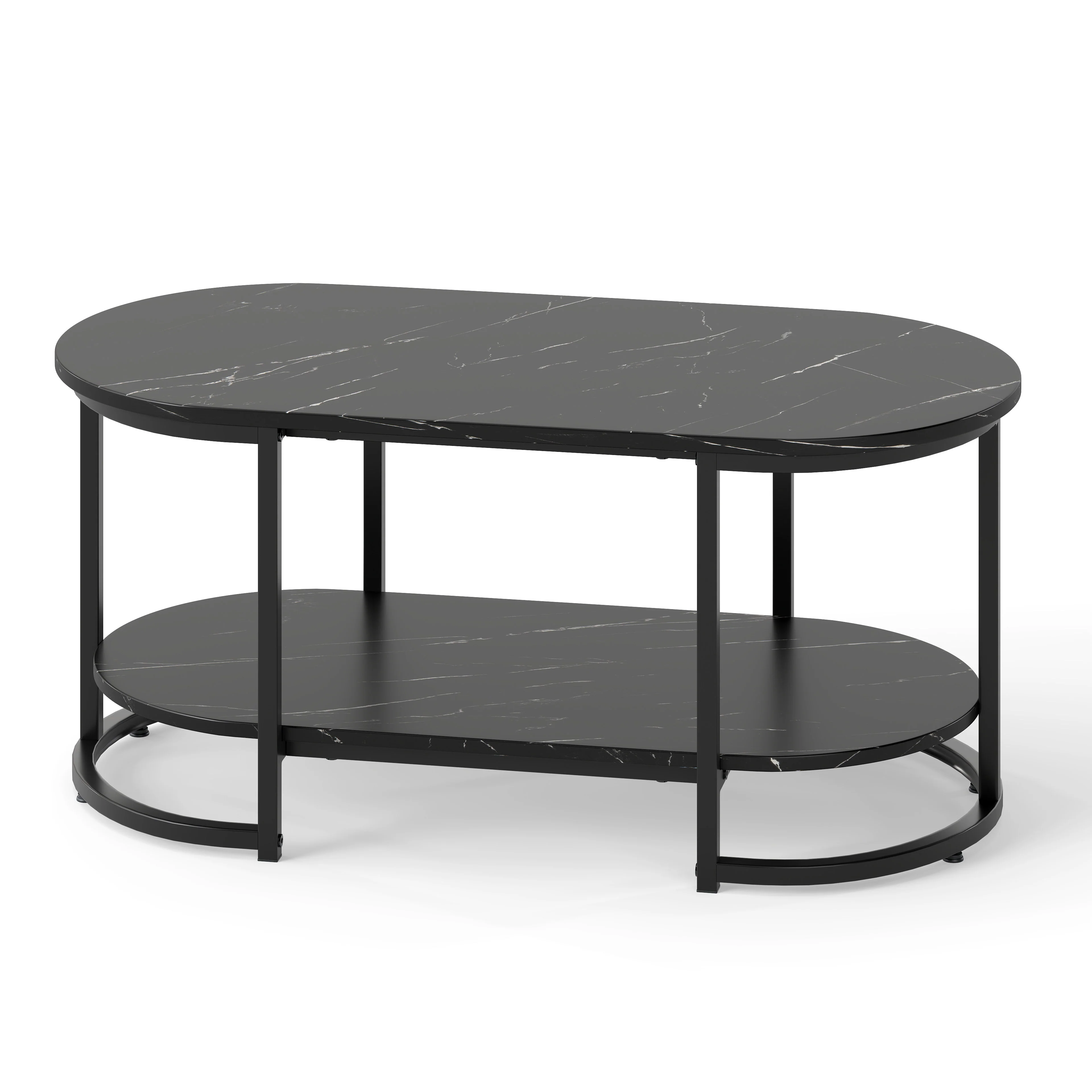 Marble Coffee Table with Open Storage Shelf, Black - Image 9