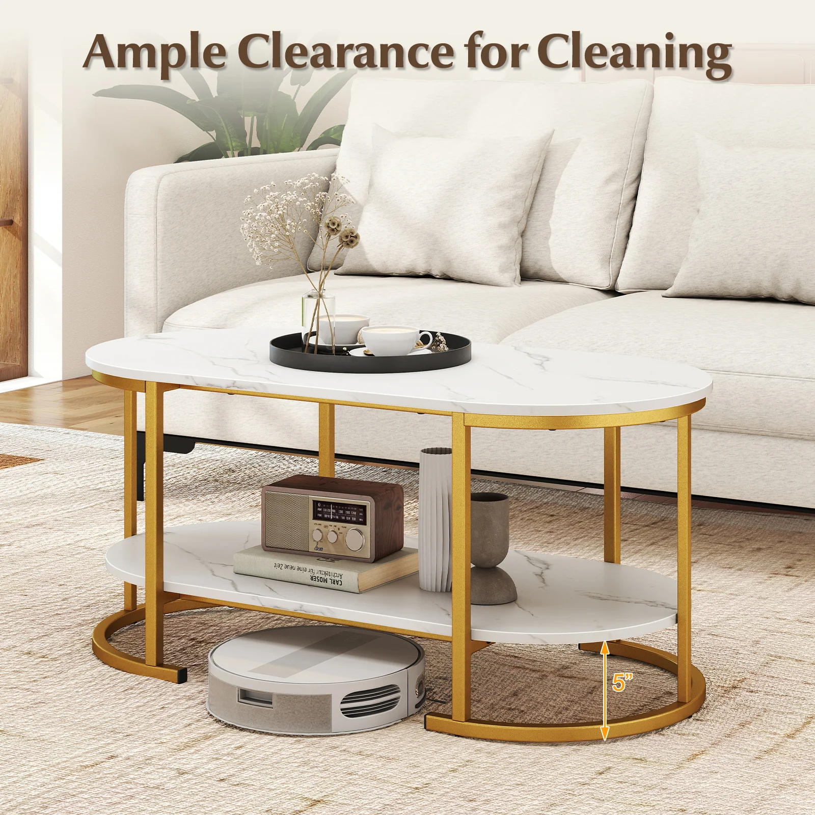 Marble Coffee Table With Open Storage Shelf, White - Image 10