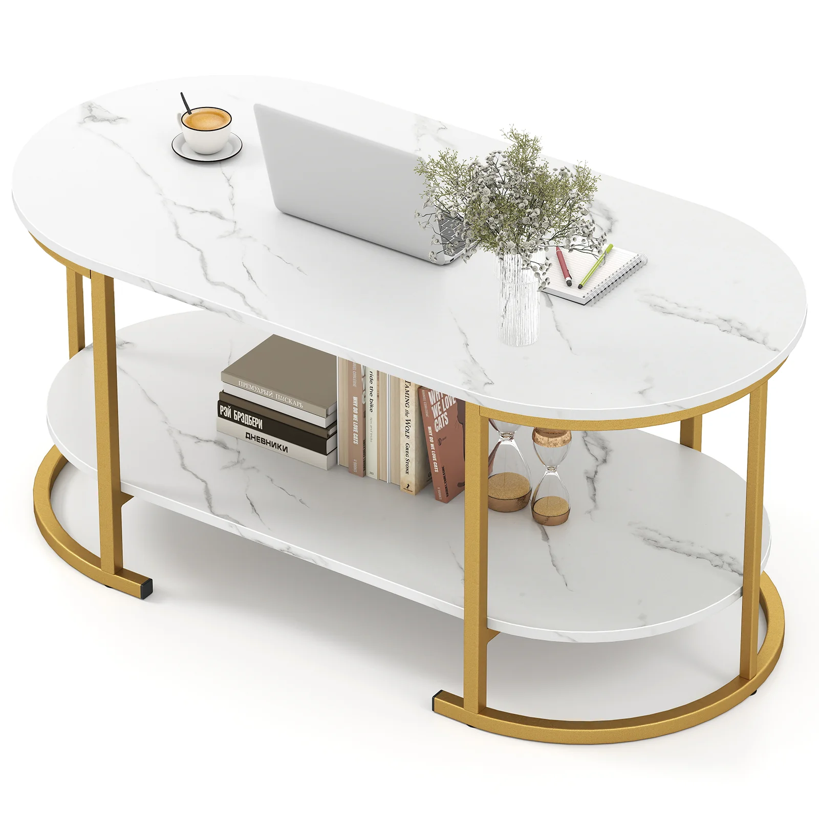 Marble Coffee Table With Open Storage Shelf, White - Image 4