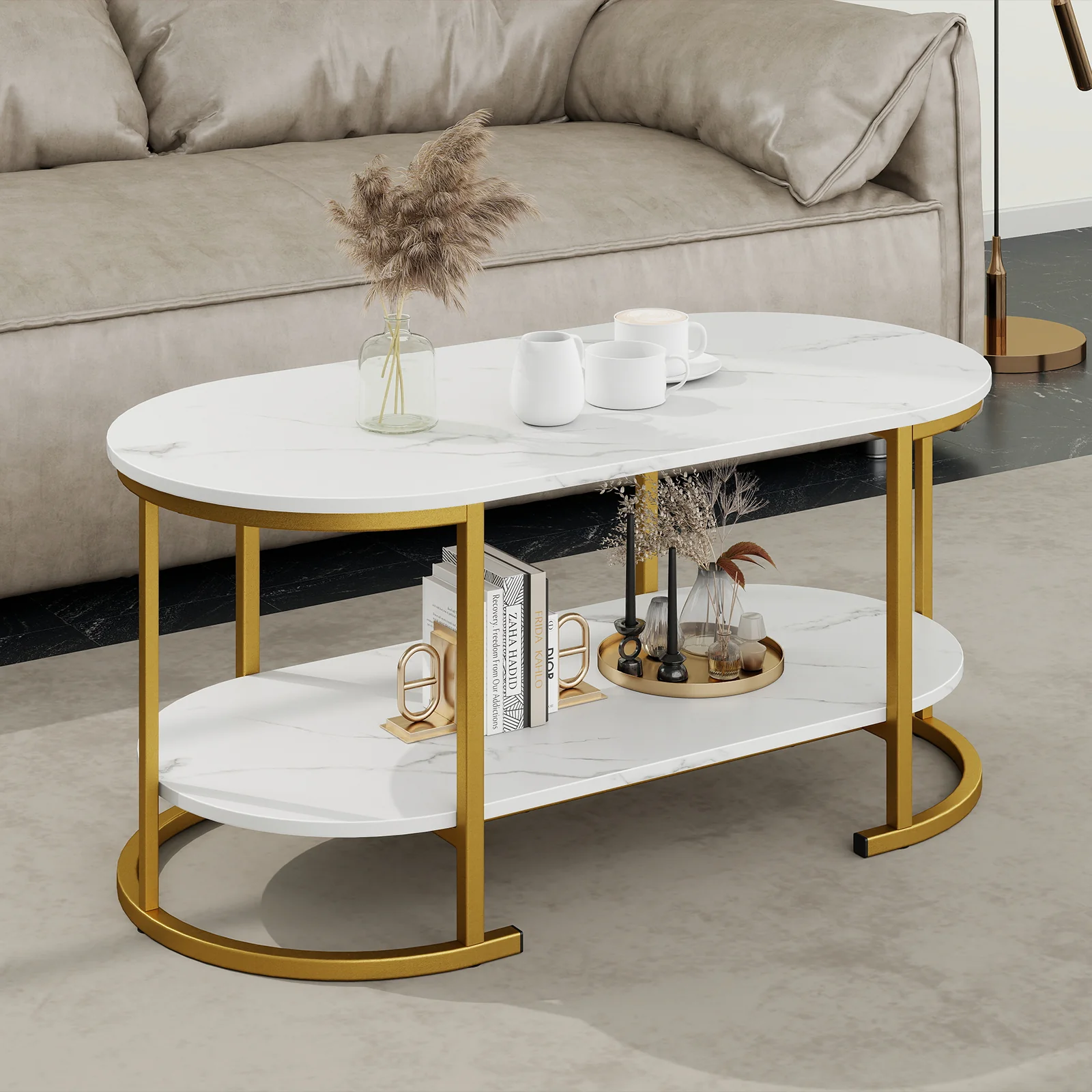 Marble Coffee Table With Open Storage Shelf, White - Image 7