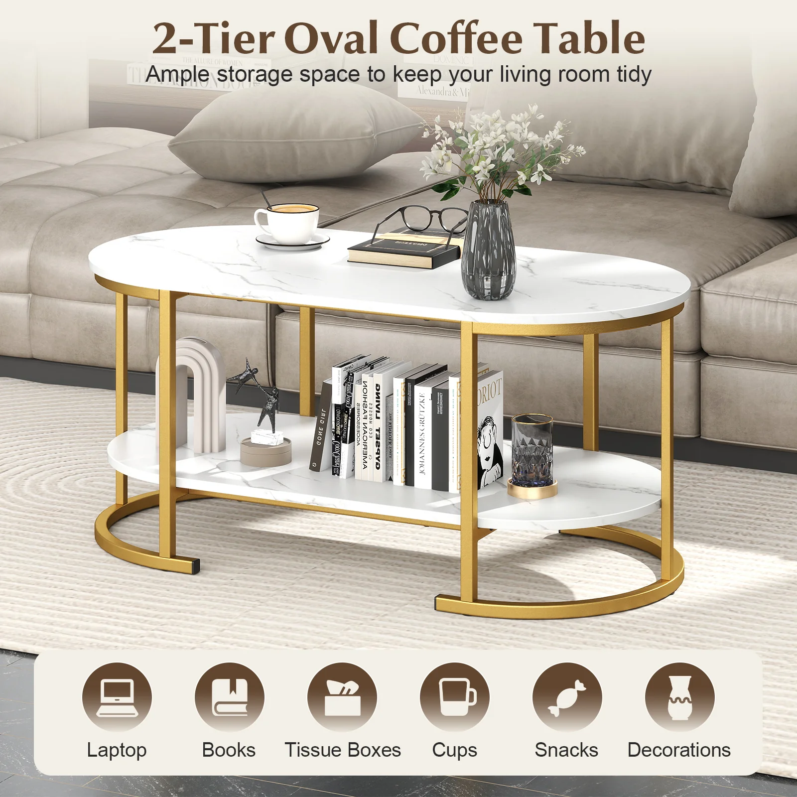 Marble Coffee Table With Open Storage Shelf, White - Image 8