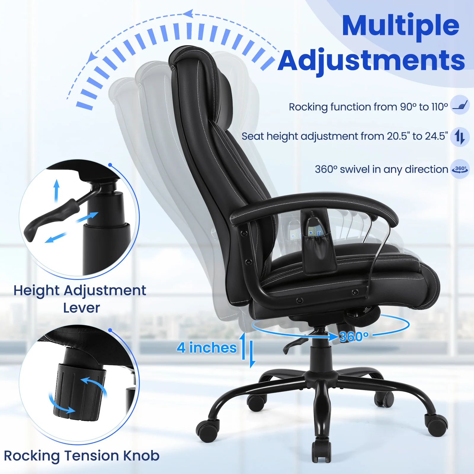 Massage Executive Office Chair with 6 Vibrating Points, Black - Image 8