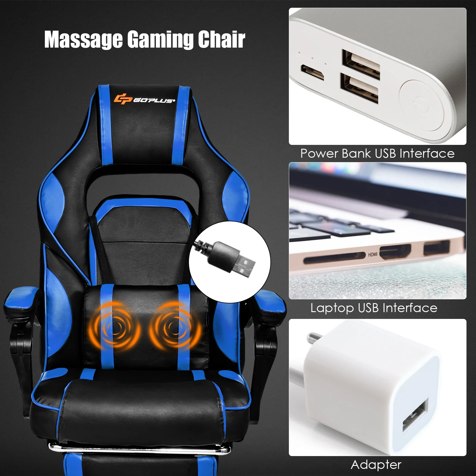 Massage Gaming Chair With Footrest, Lumbar Support, Blue - Image 6