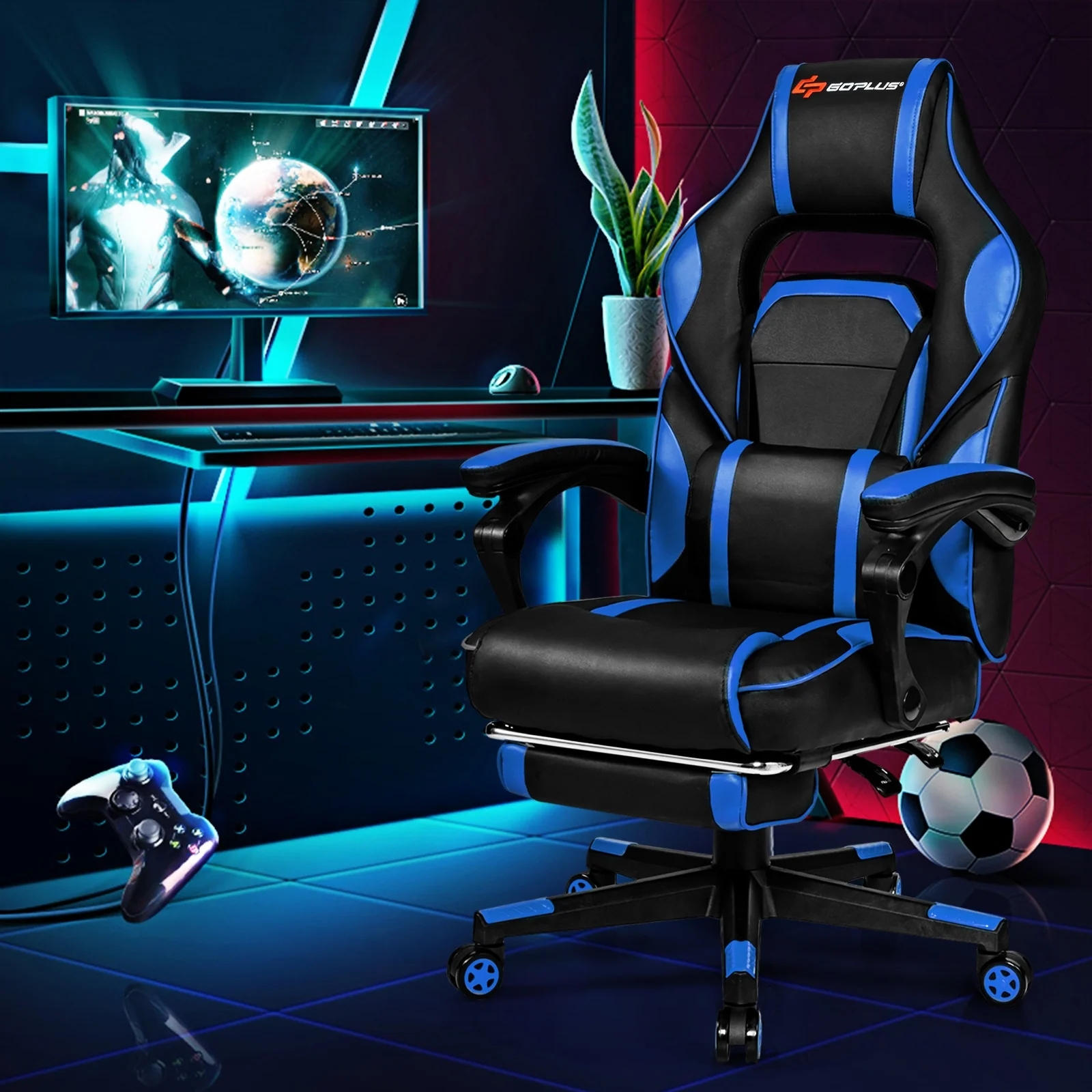 Massage Gaming Chair With Footrest, Lumbar Support, Blue - Image 7