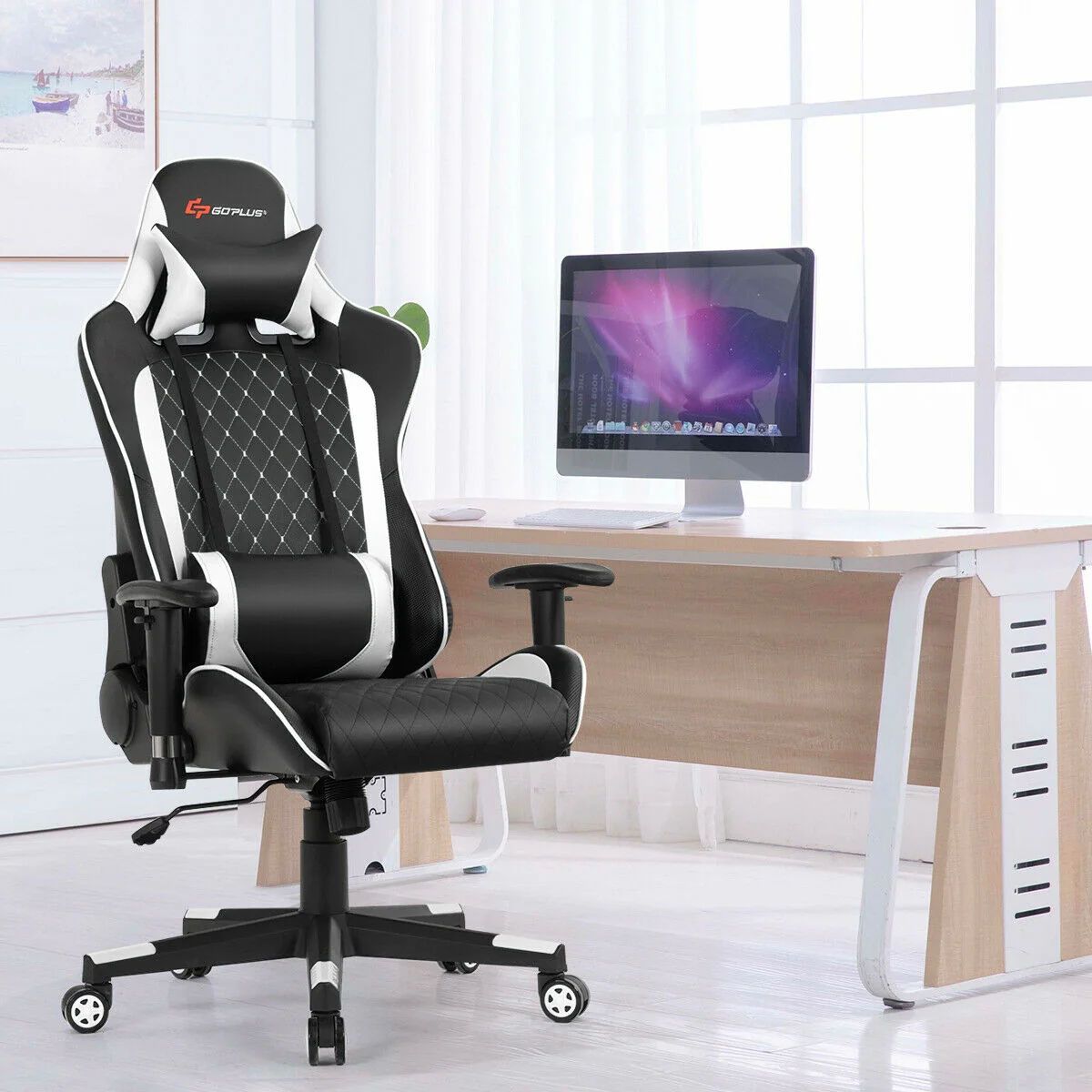 Massage Gaming Chair With Lumbar Support, Headrest, White - Image 3