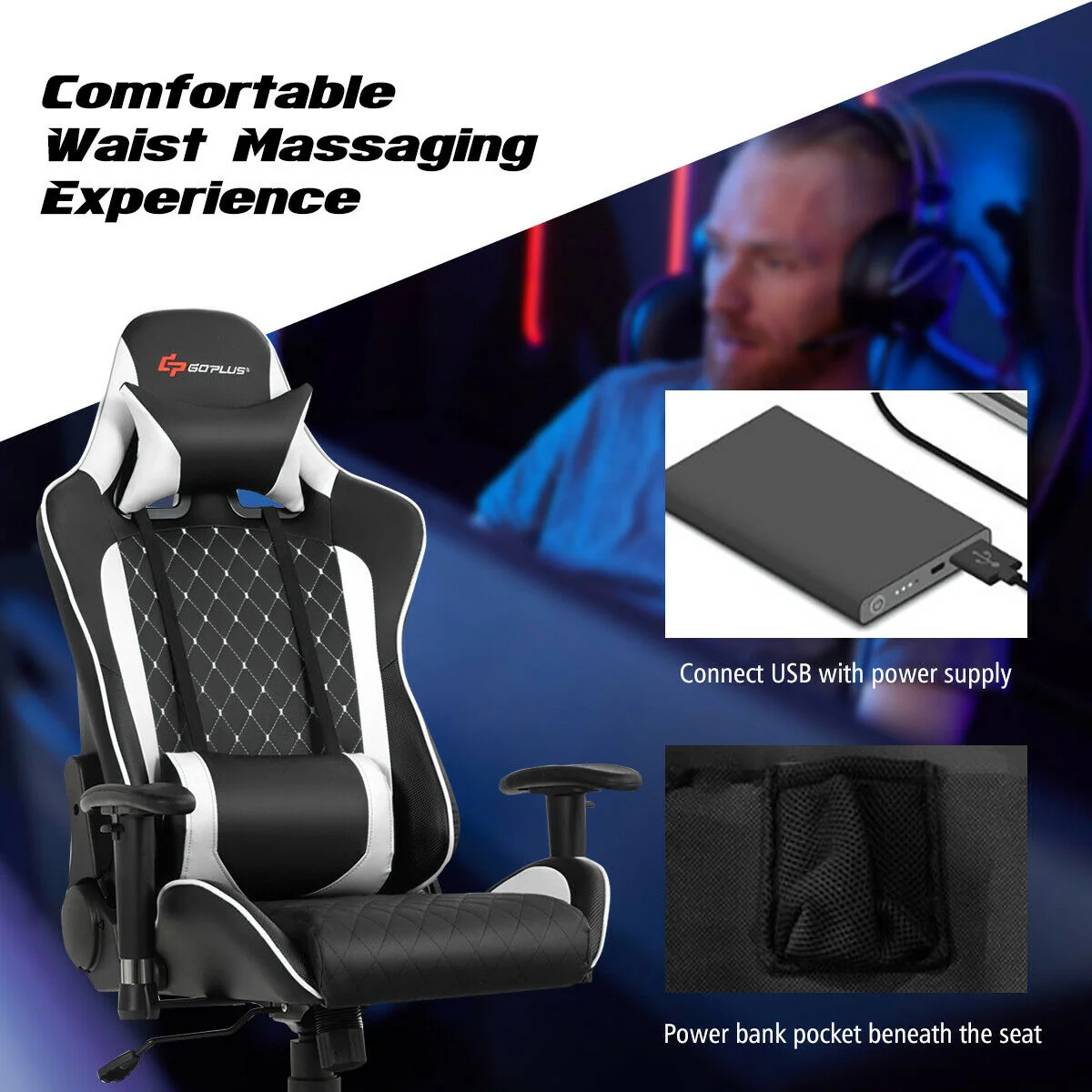 Massage Gaming Chair With Lumbar Support, Headrest, White - Image 4