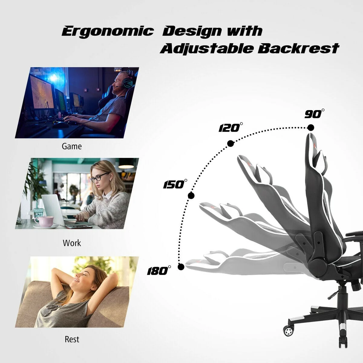 Massage Gaming Chair With Lumbar Support, Headrest, White - Image 6