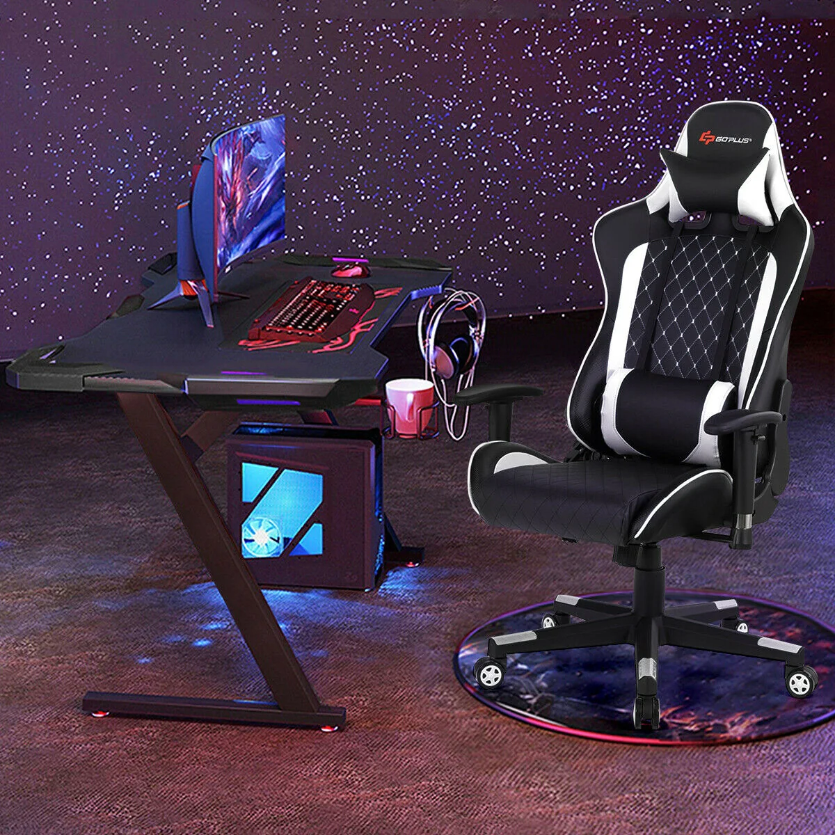 Massage Gaming Chair With Lumbar Support, Headrest, White - Image 7