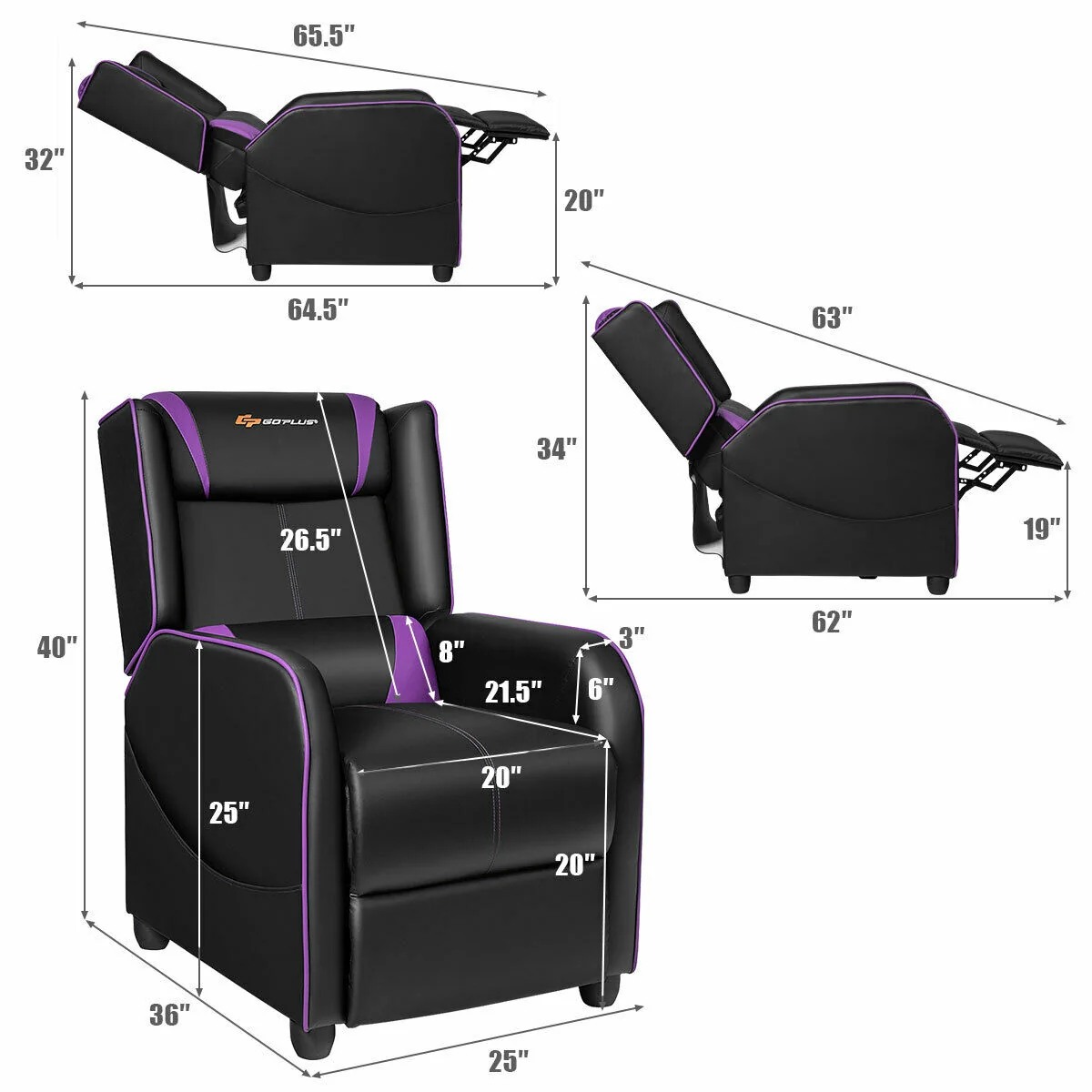 Massage Gaming Recliner Chair, Purple - Image 6