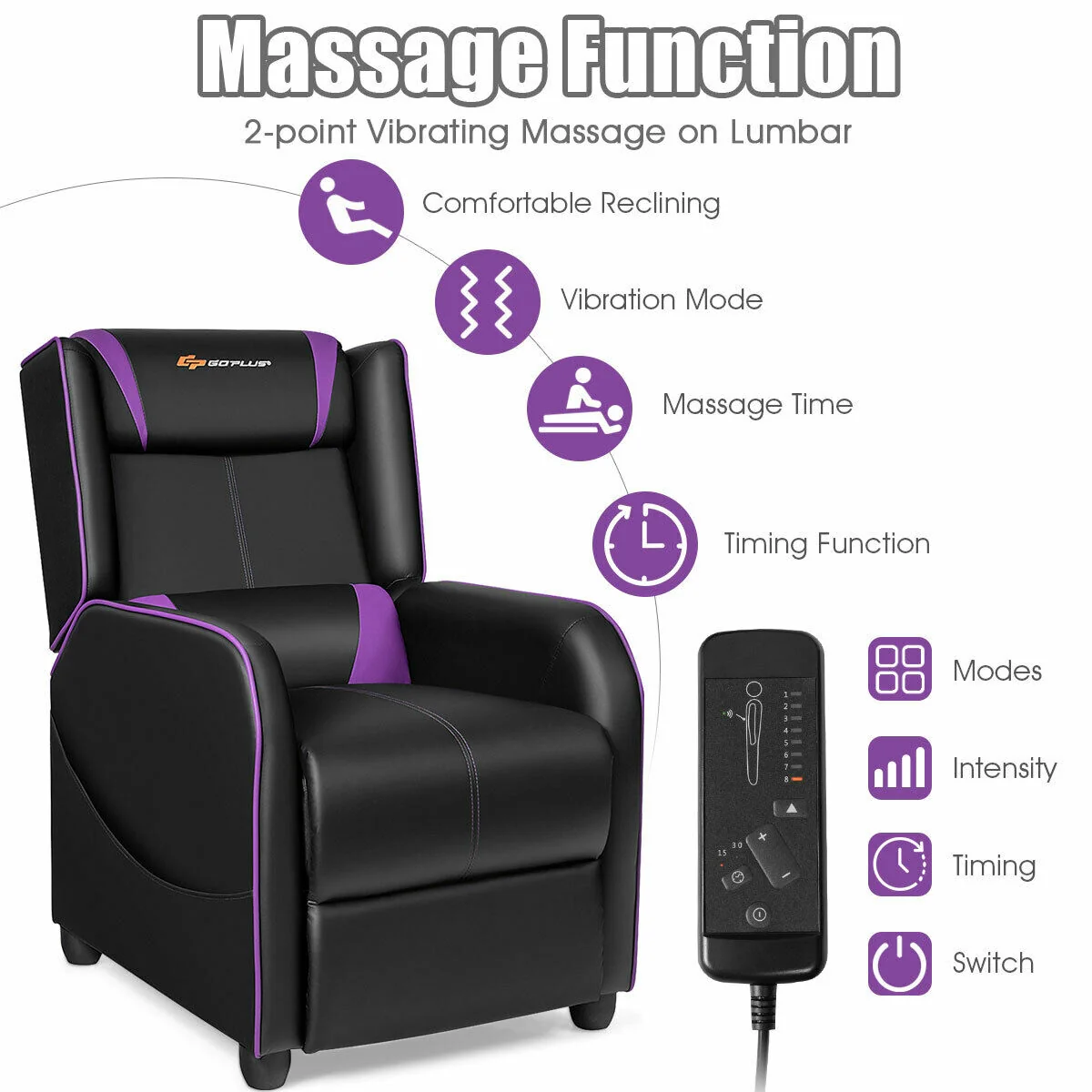 Massage Gaming Recliner Chair, Purple - Image 8
