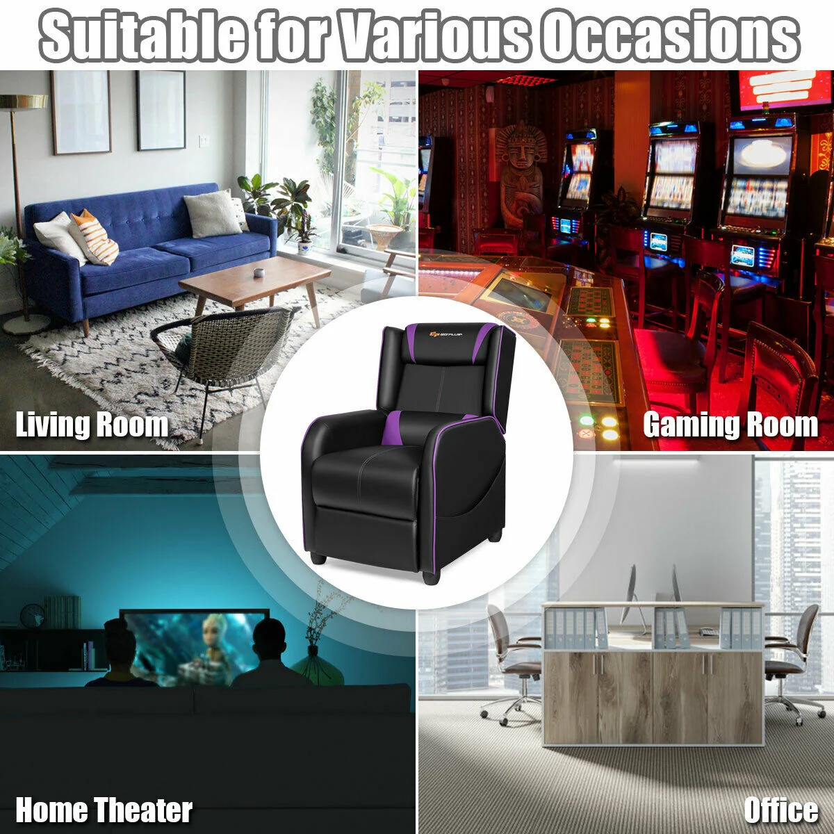 Massage Gaming Recliner Chair, Purple - Image 9