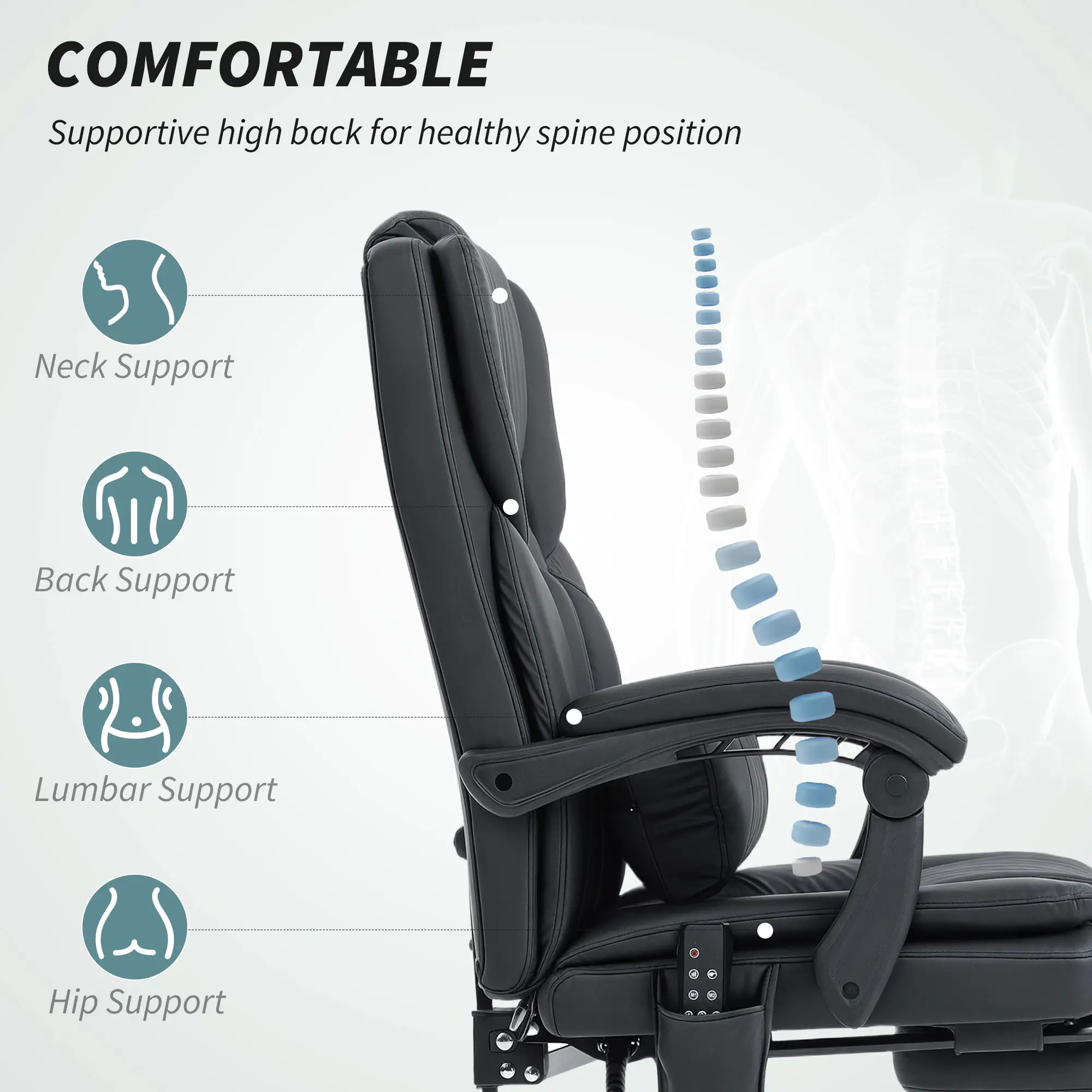 Massage Office Chair, Faux Leather Reclining Desk Chair with Lumbar Support, Footrest, Black - Image 5