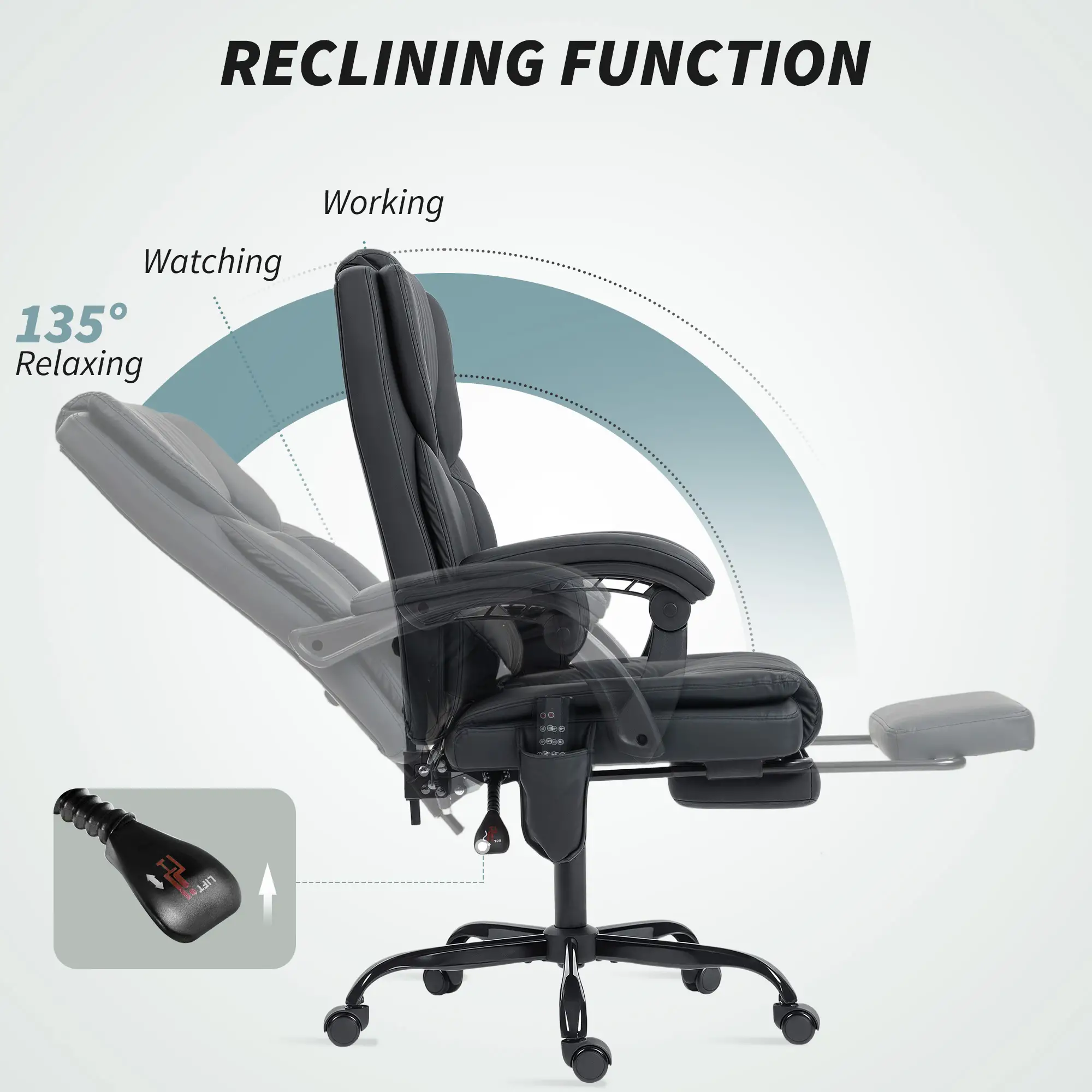 Massage Office Chair, Faux Leather Reclining Desk Chair with Lumbar Support, Footrest, Black - Image 9