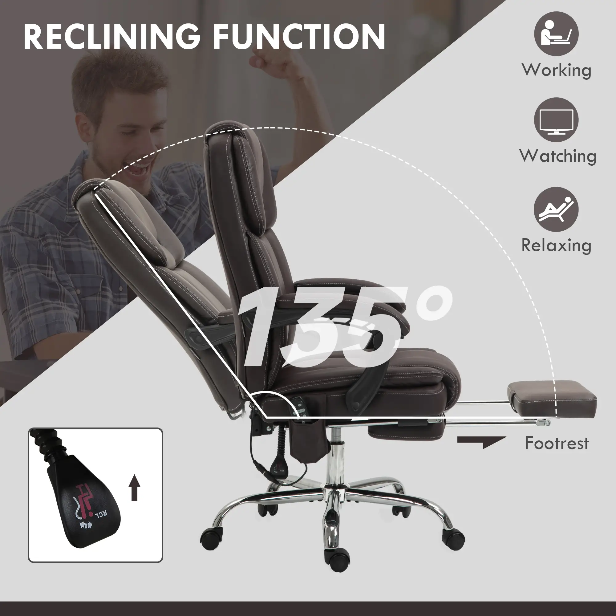 Massage Office Chair, Reclining Executive Chair, 6-Point Vibration, Footrest, Dark Brown - Image 6