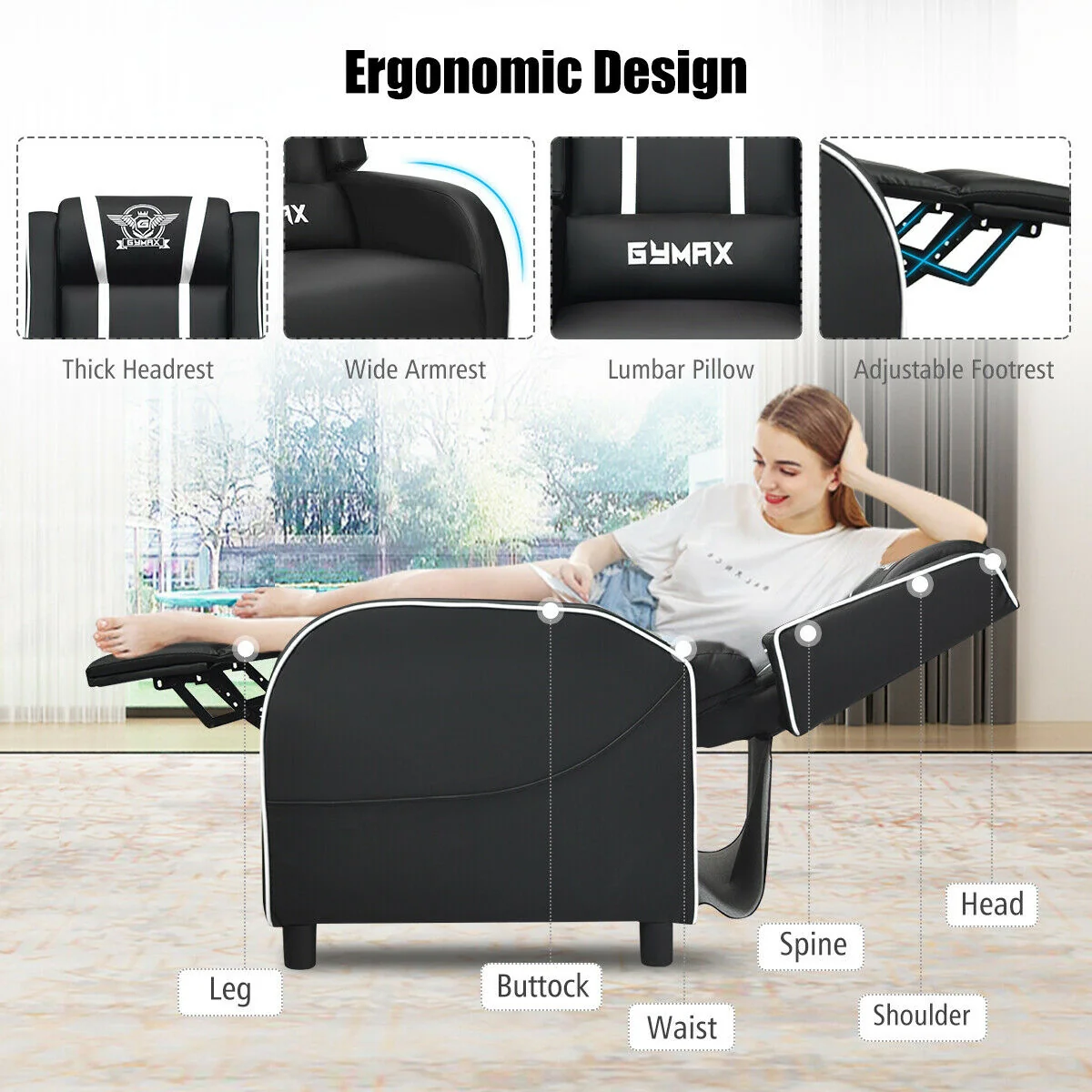Massage Racing Gaming Single Recliner Chair, White - Image 3