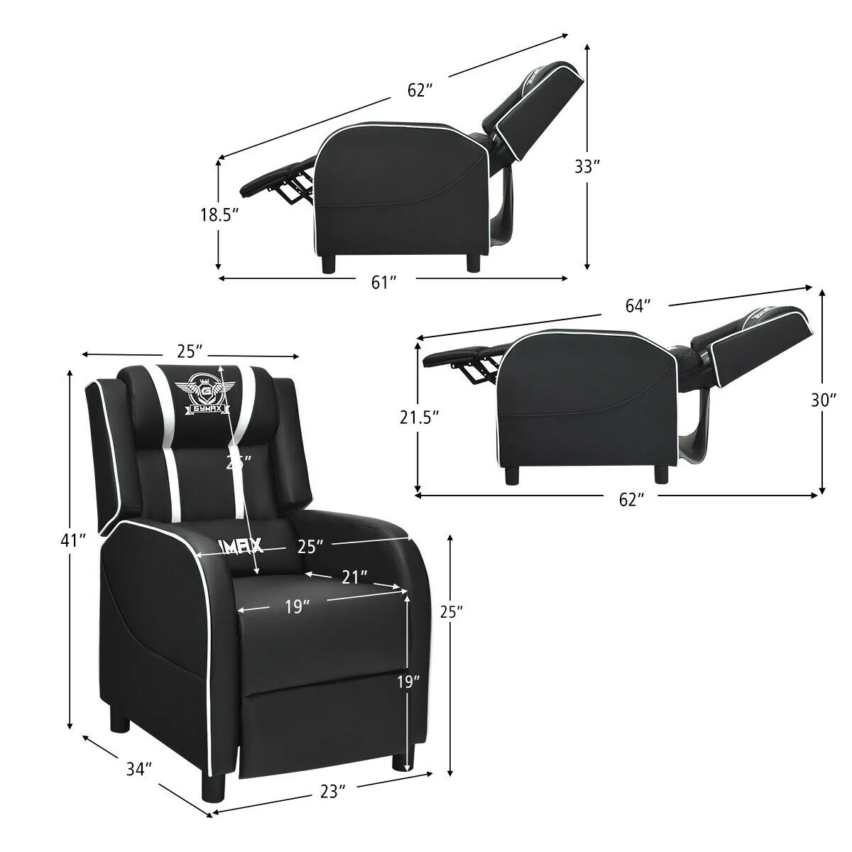 Massage Racing Gaming Single Recliner Chair, White - Image 6